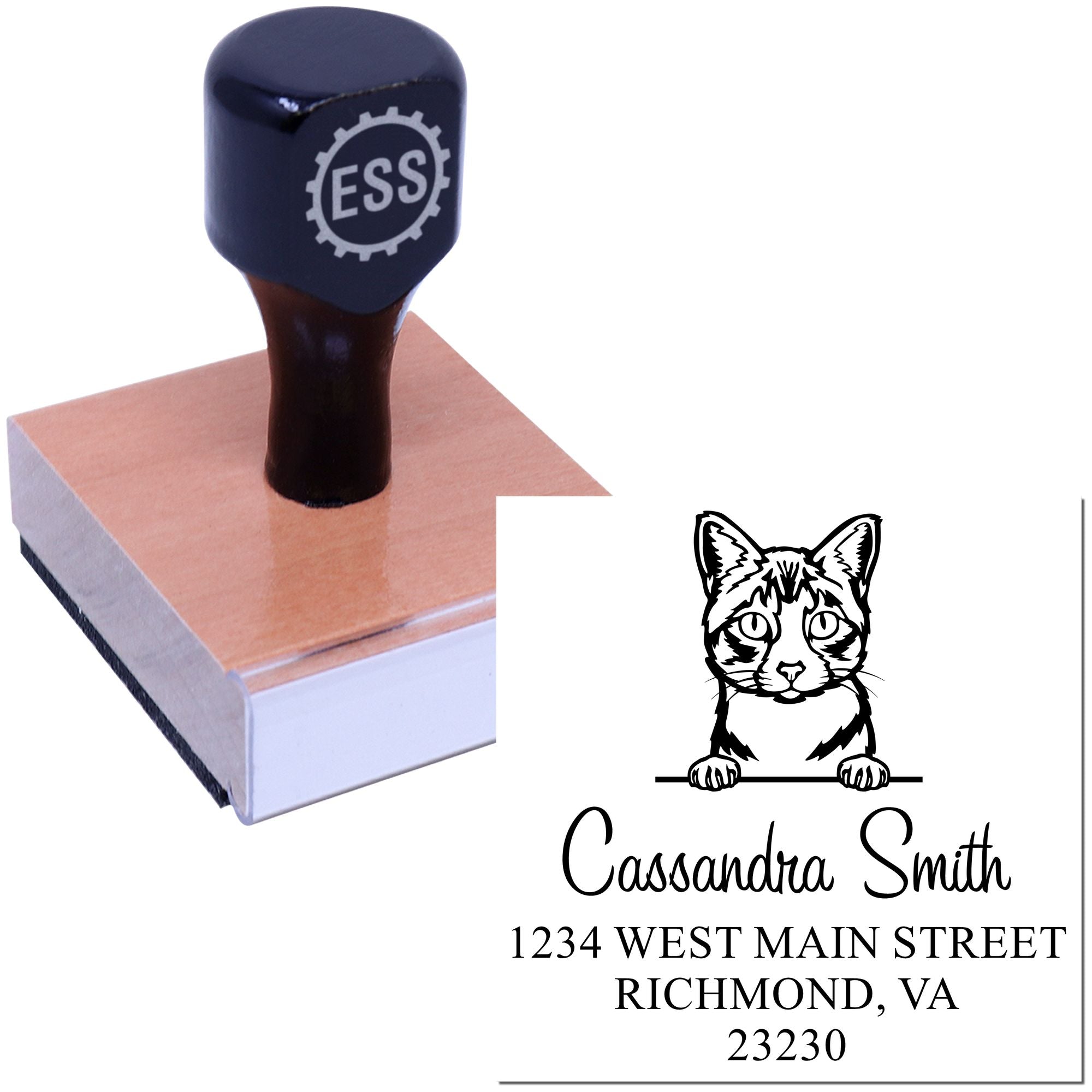 Wood Handle Ojos Azules Cat Custom Mailing Address Stamp - Engineer Seal Stamps