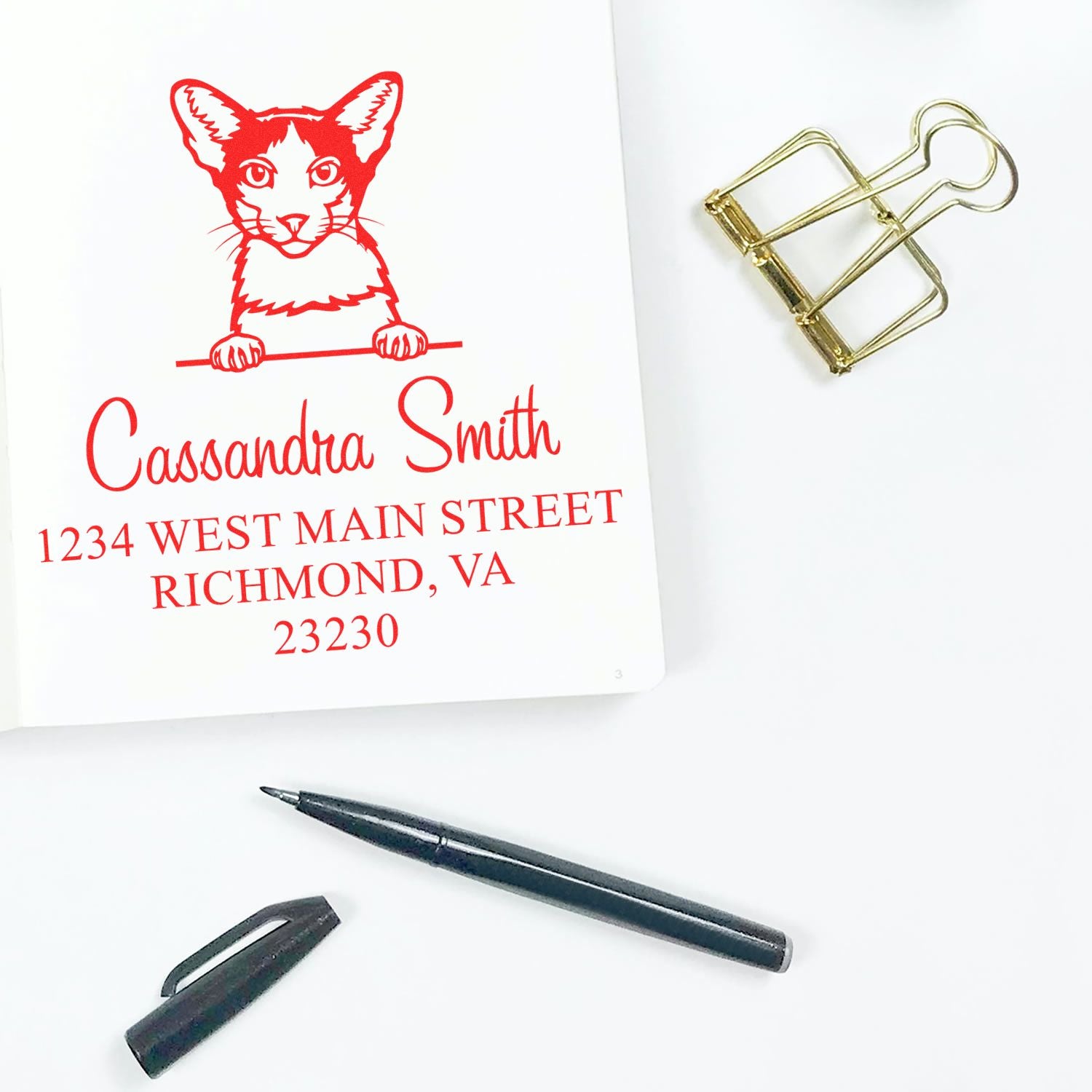 Pre-Inked Oriental Bicolor Cat Custom Made Home Address Stamp - Engineer Seal Stamps