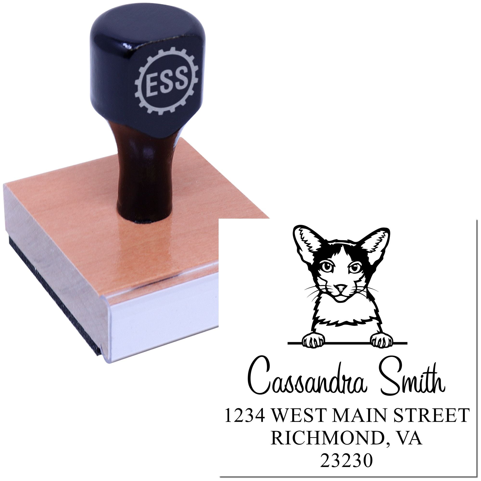 Wood Handle Oriental Bicolor Cat Custom Return Address Stamp - Engineer Seal Stamps