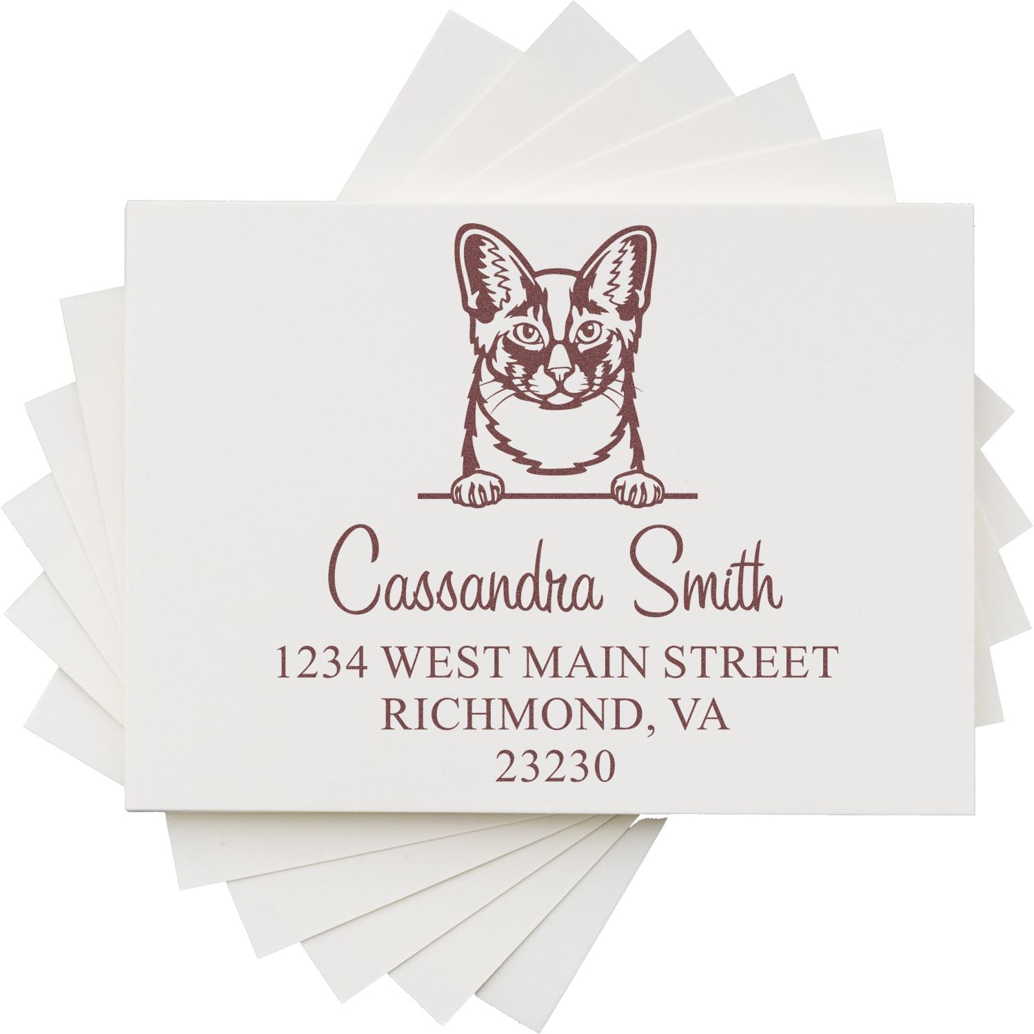 White custom address stamp set with burgundy cat seal, Cassandra Smith, and Richmond, VA address