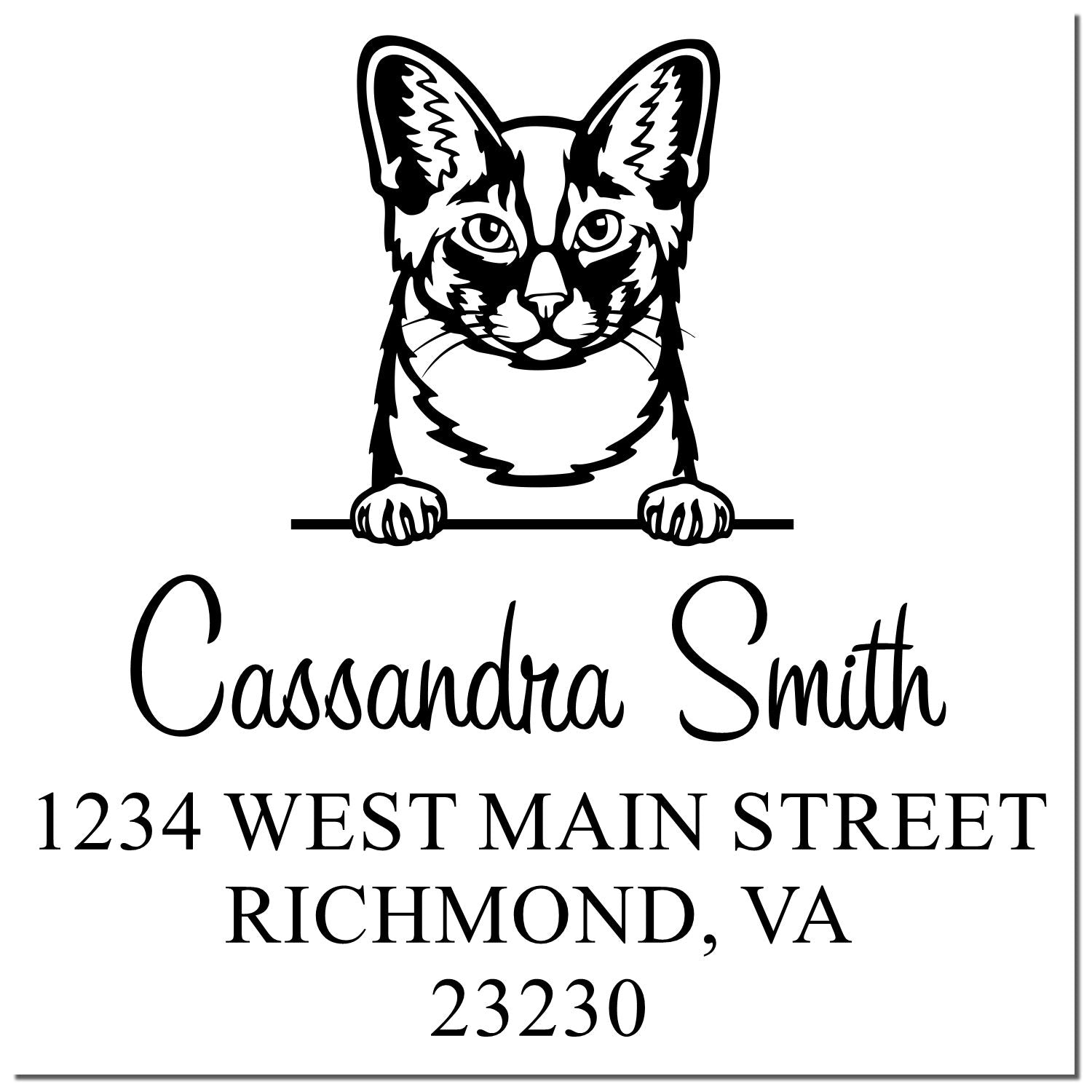 Black-and-white custom address stamp with cat illustration, Cassandra Smith, 1234 West Main Street, Richmond, VA 23230