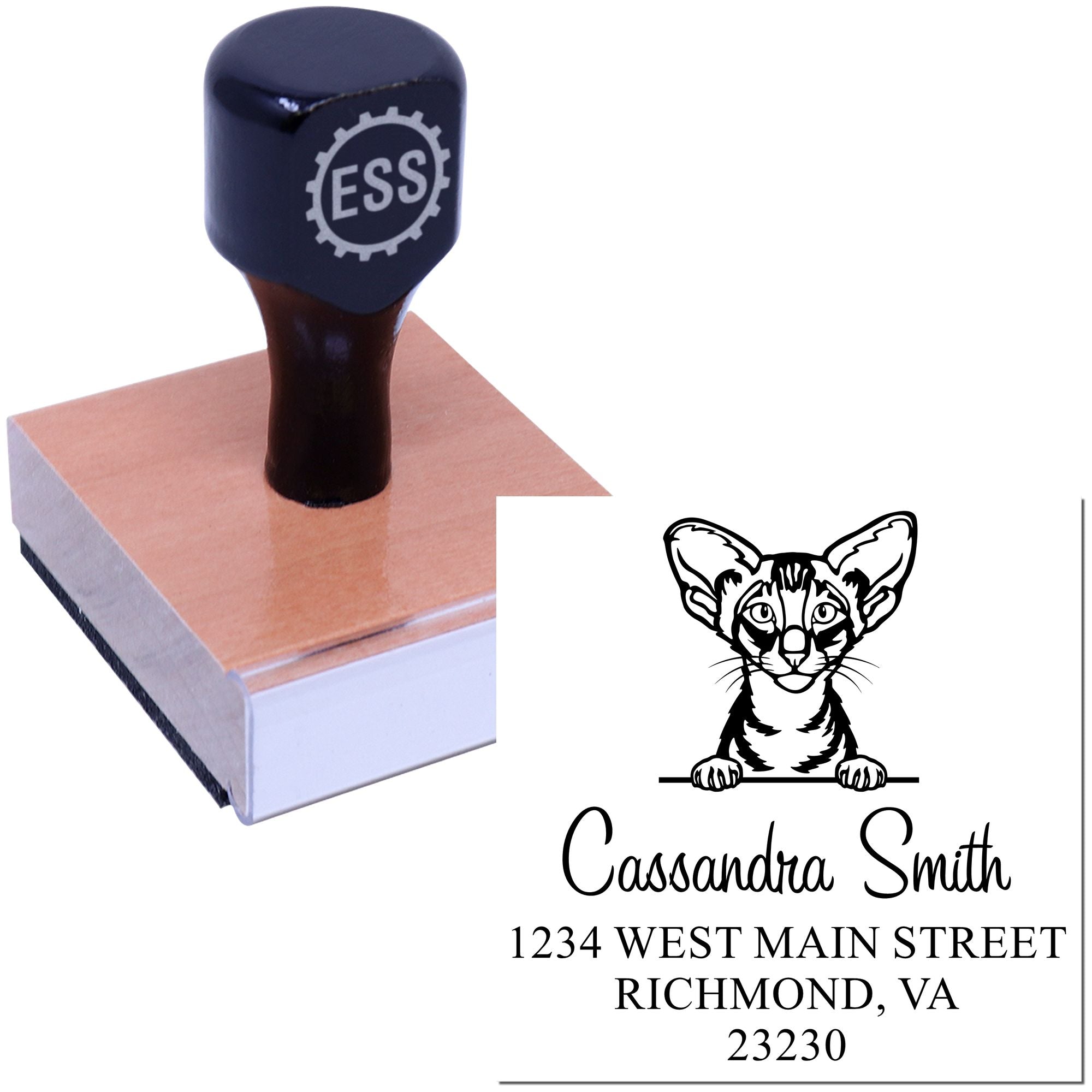 Wood Handle Oriental Shorthair Cat Custom Return Address Stamp - Engineer Seal Stamps