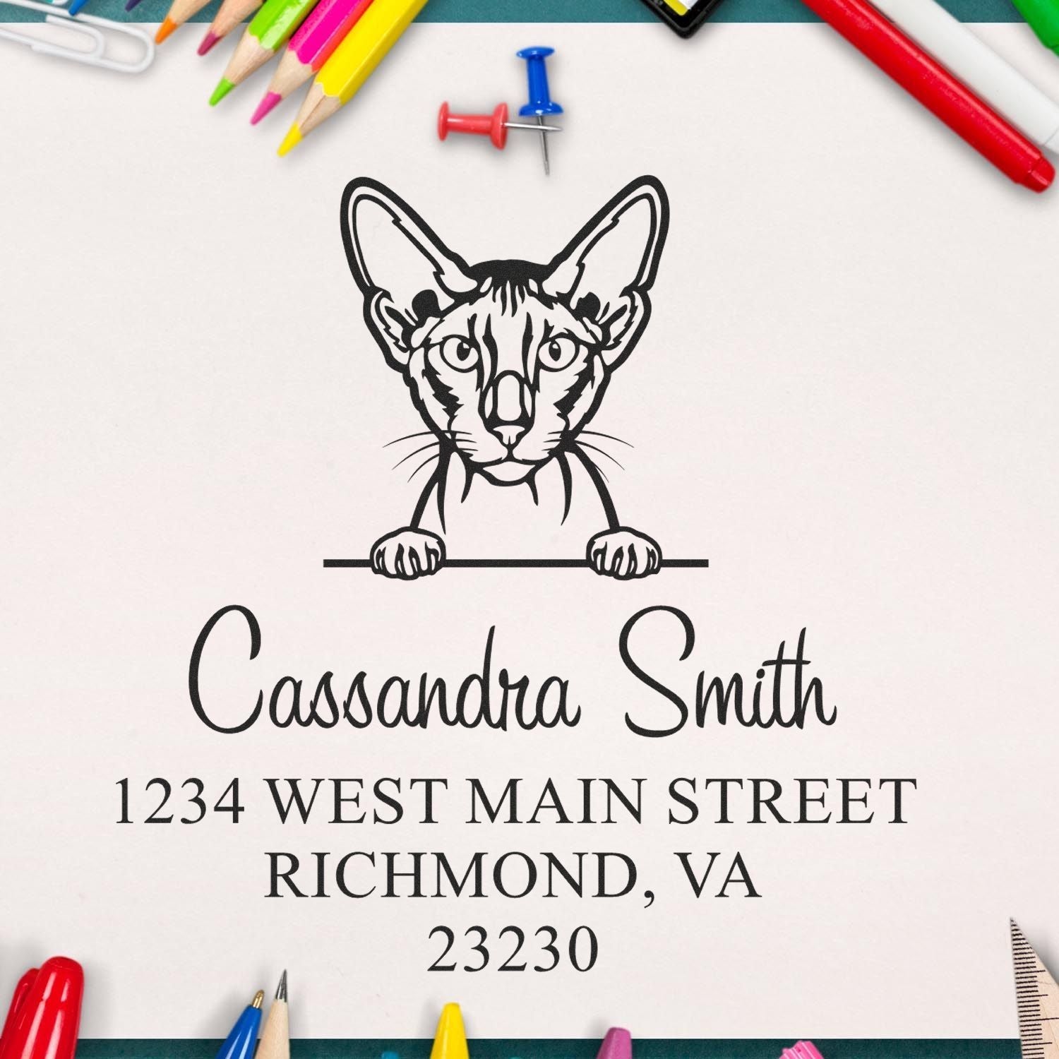 Pre-Inked Peterbald Cat Custom Made Mailing Address Stamp - Engineer Seal Stamps