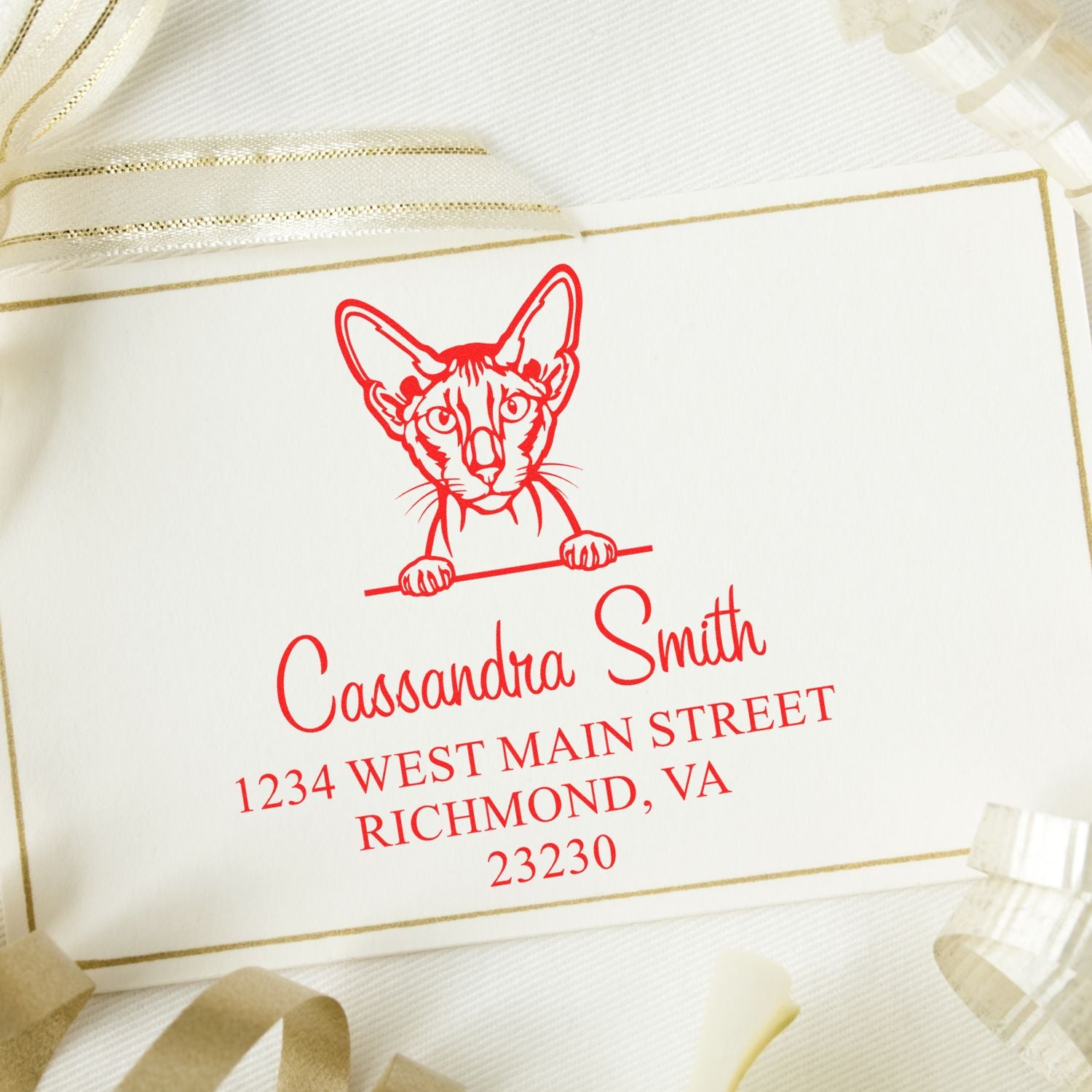 Pre-Inked Peterbald Cat Custom Made Mailing Address Stamp - Engineer Seal Stamps