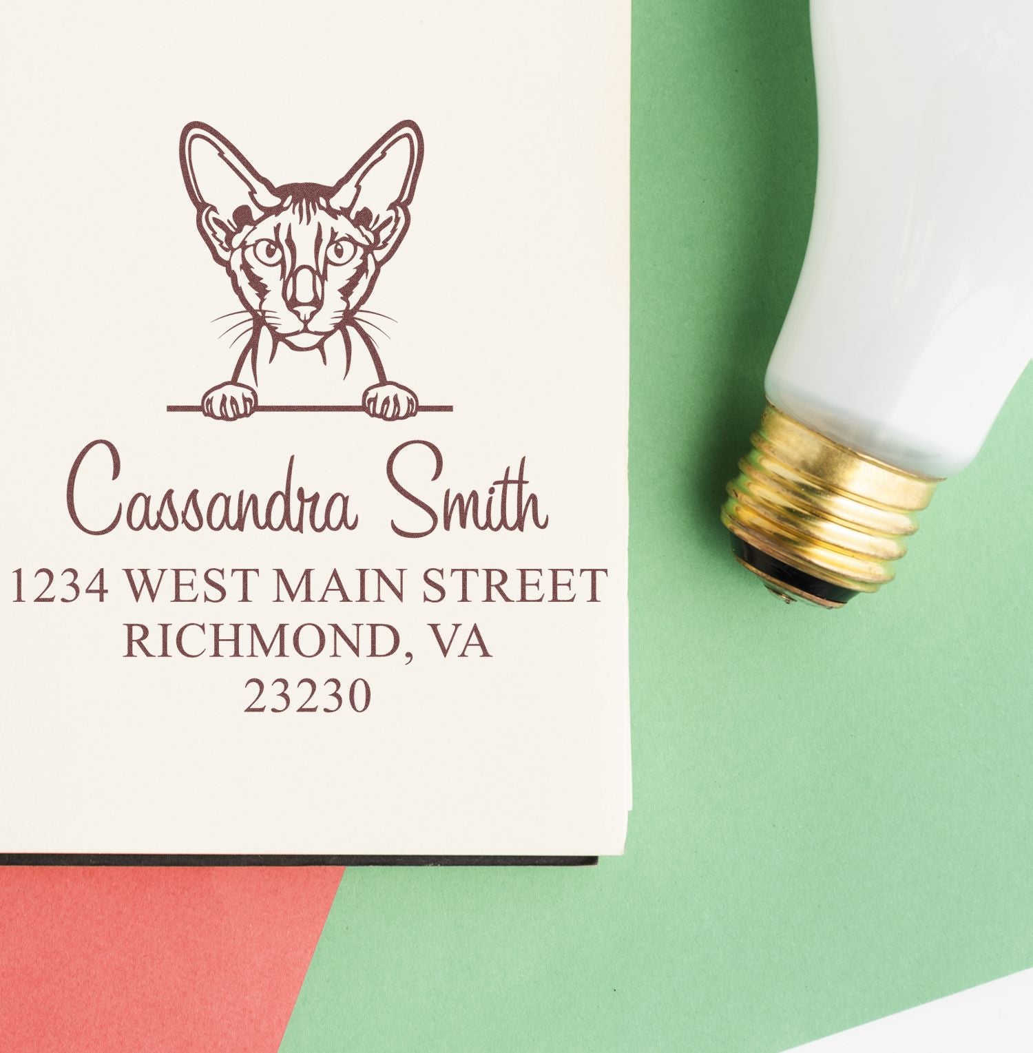 Pre-Inked Peterbald Cat Custom Made Mailing Address Stamp - Engineer Seal Stamps