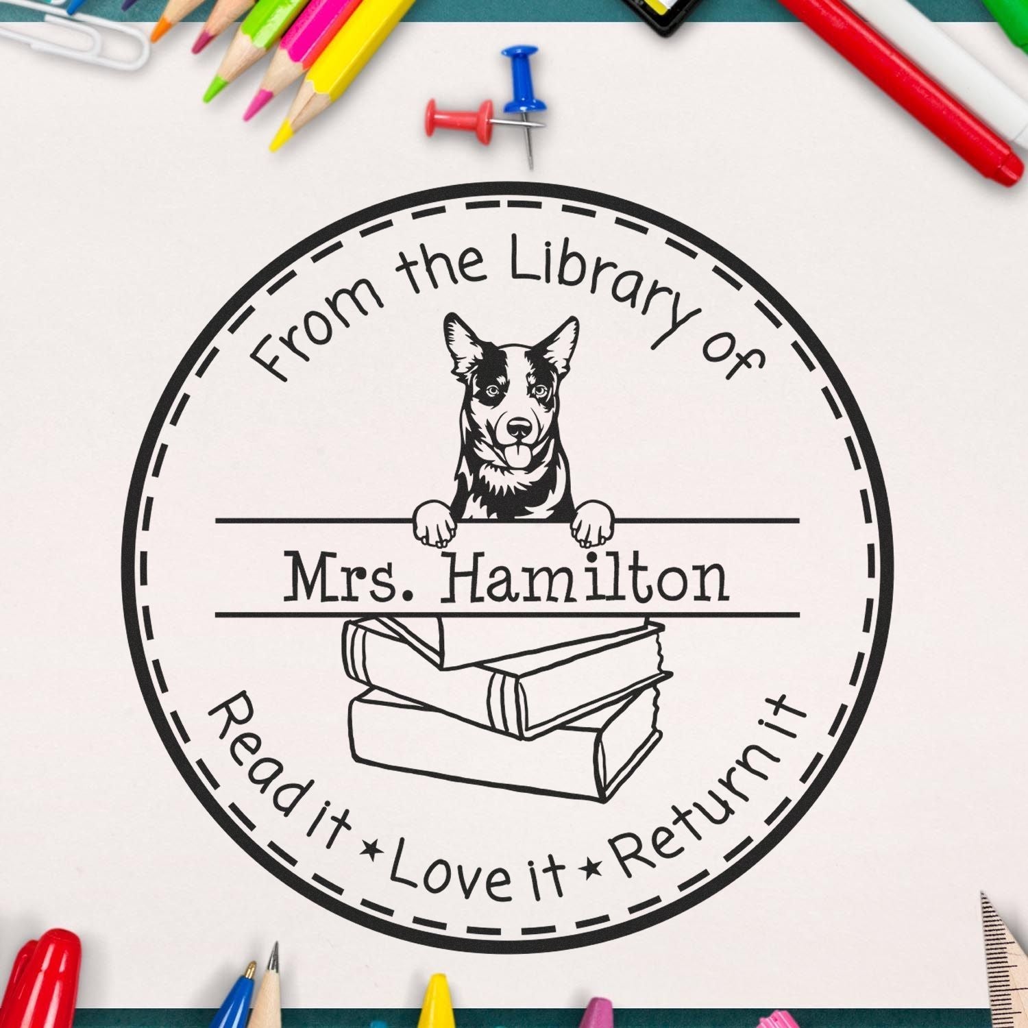 Customized Book Reminder Stamper with Australian Cattle Dog - Engineer Seal Stamps
