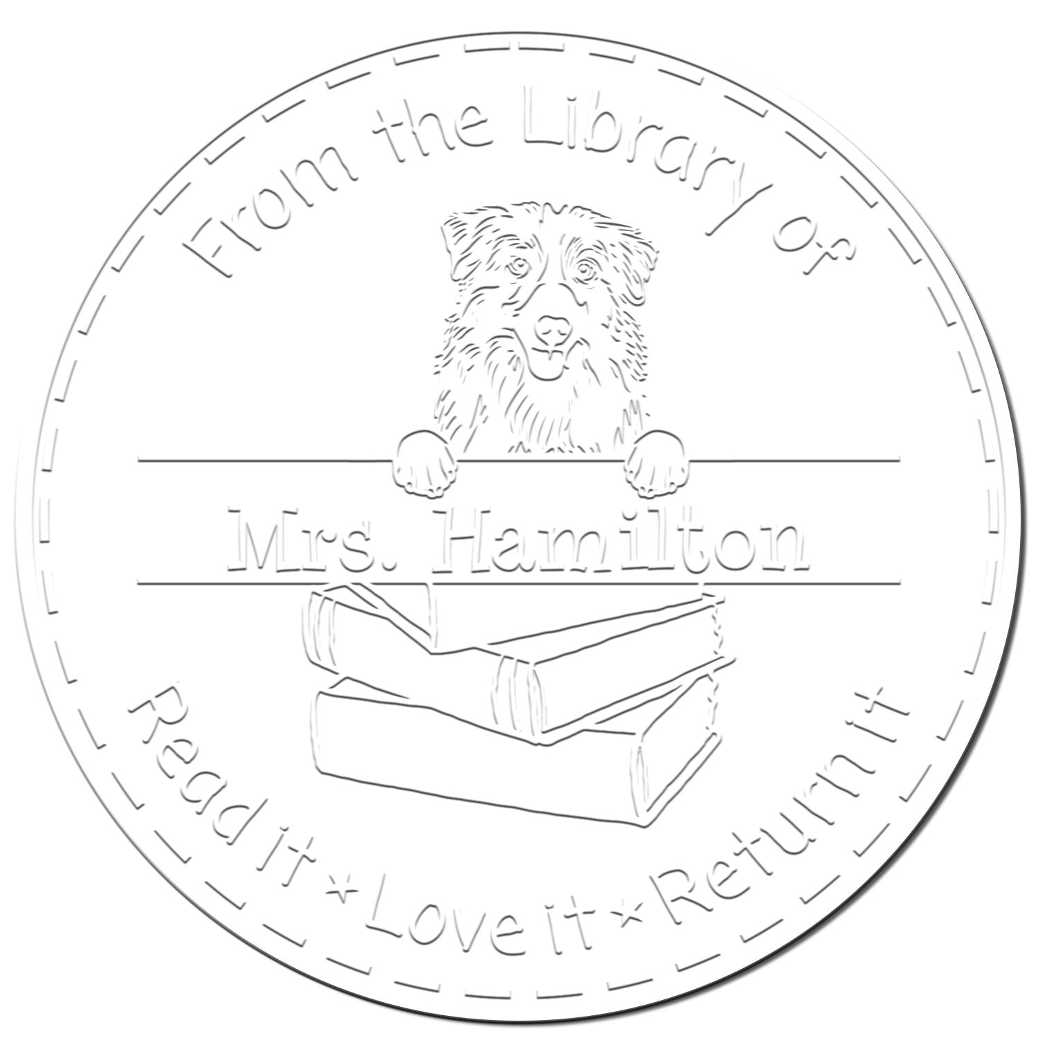 Custom Name Embossed Stamp with Australian Shepherd Dog - Engineer Seal Stamps