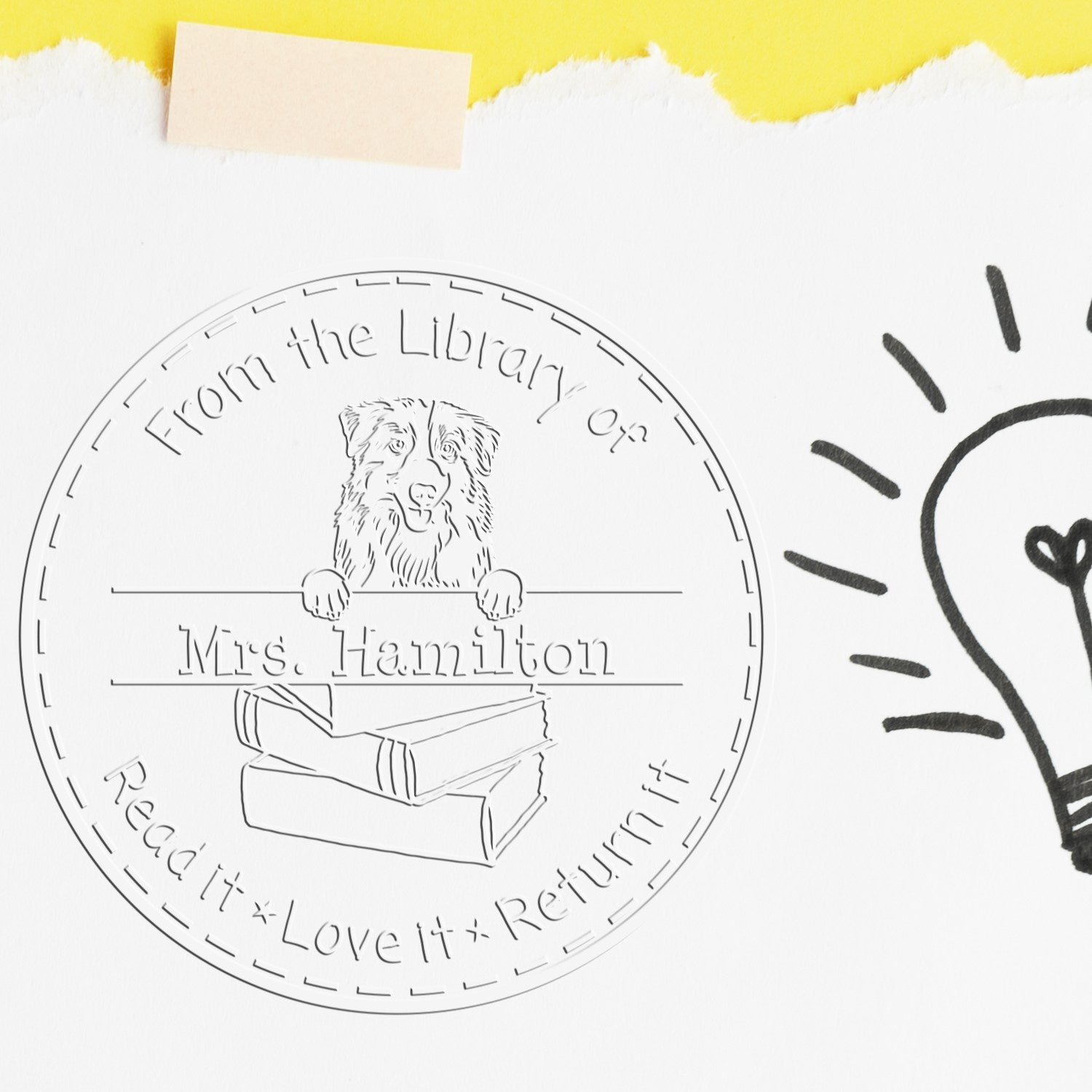 Custom Name Embossed Stamp with Australian Shepherd Dog - Engineer Seal Stamps