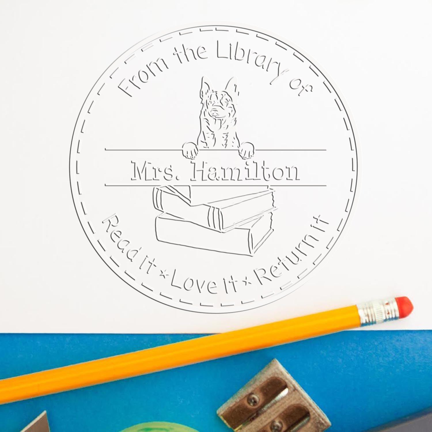 Custom Book Seal with Belgian Malinois Dog - Engineer Seal Stamps