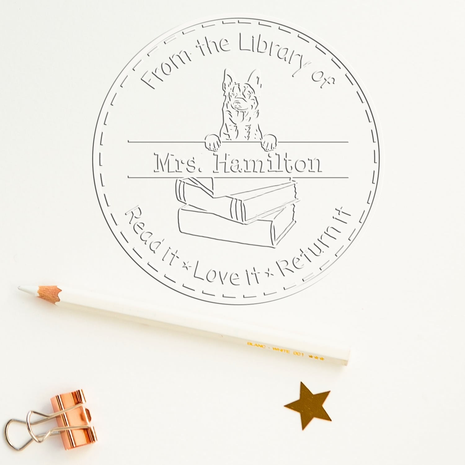 Custom Book Seal with Belgian Malinois Dog - Engineer Seal Stamps