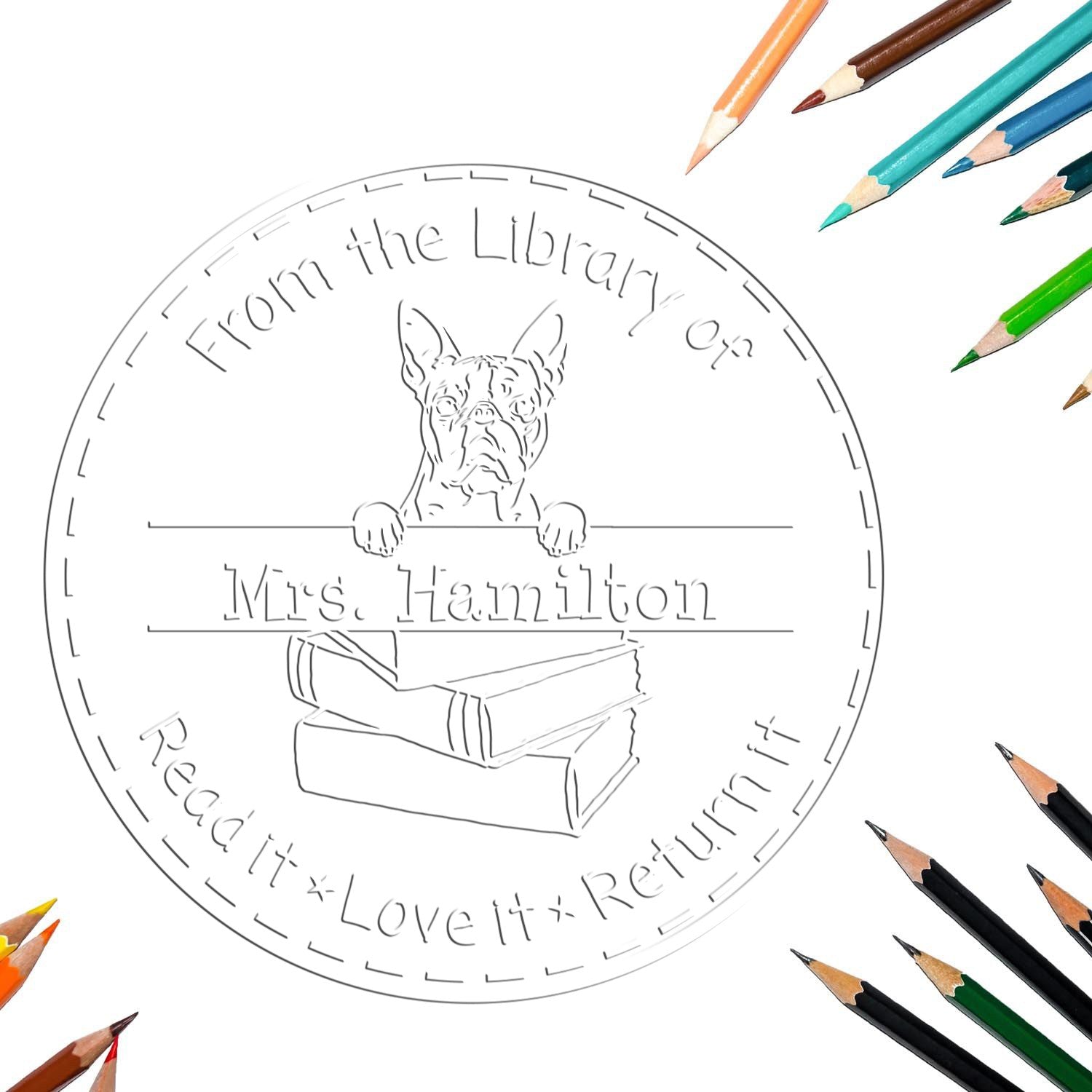 Custom Library Seal with Boston Terrier Dog - Engineer Seal Stamps