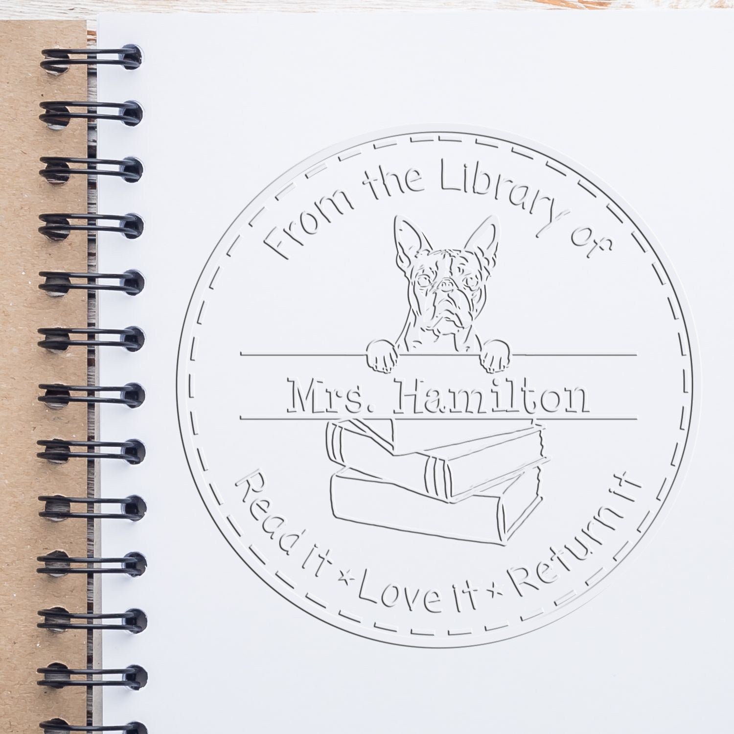 Desk Boston Terrier Dog Custom Name For Books Embosser - Engineer Seal Stamps
