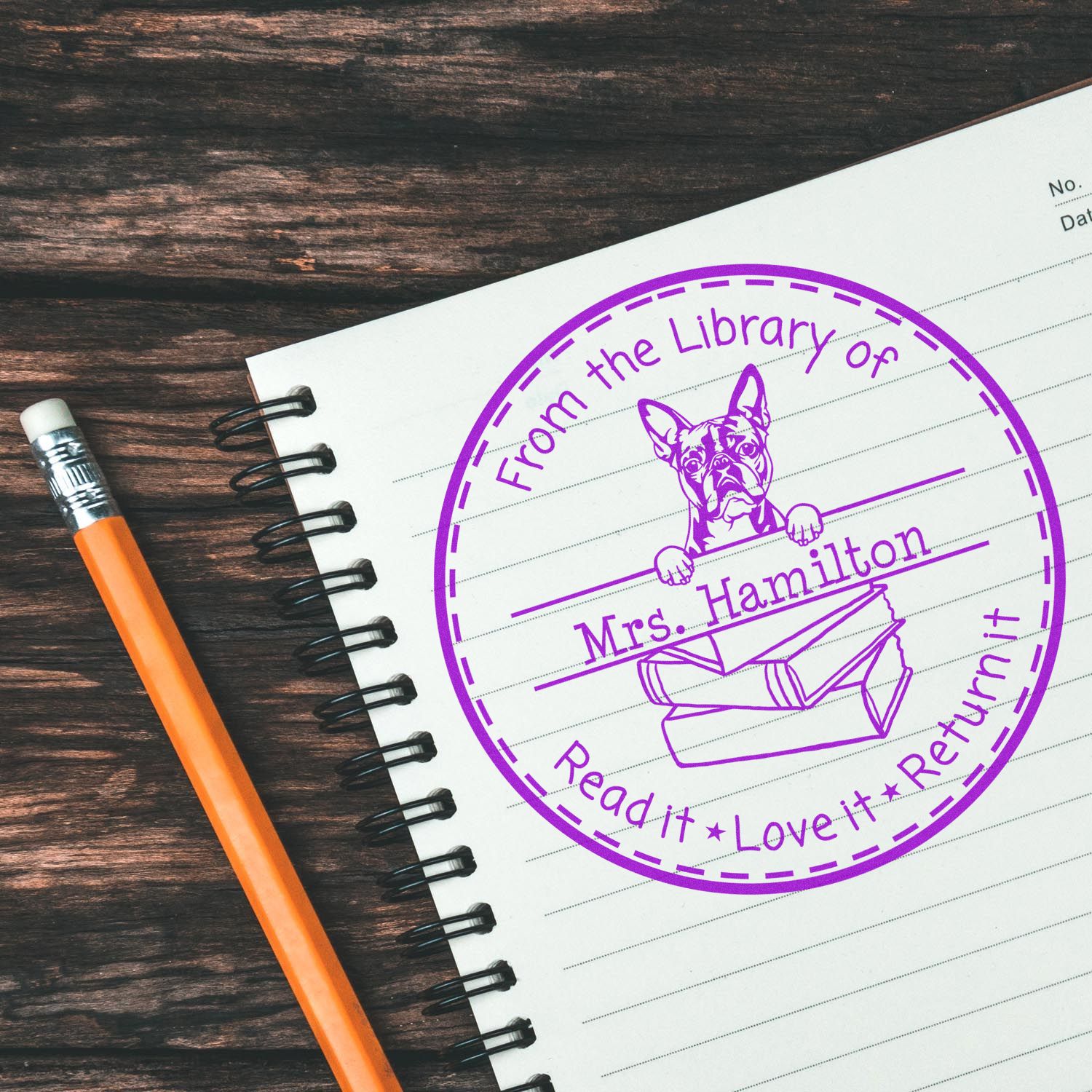Boston Terrier Dog Themed Teacher Library Stamp