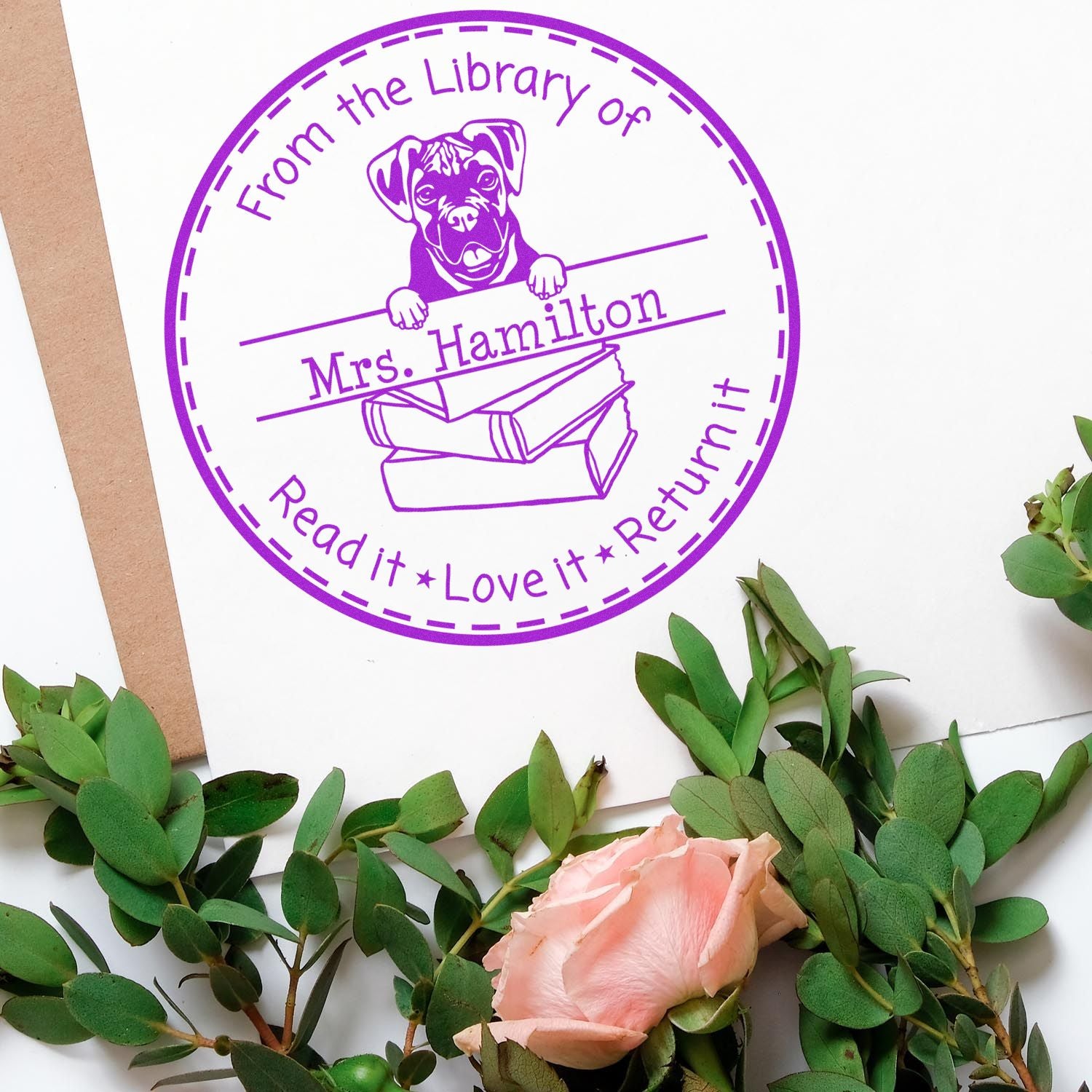 Customized Lending Library Stamper with Boxer Dog - Engineer Seal Stamps