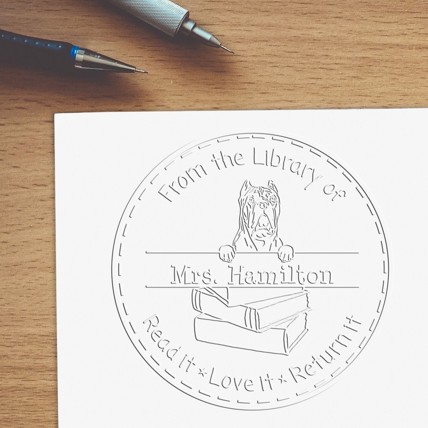 Custom Classroom Library Embosser with Cane Corso Dog - Engineer Seal Stamps