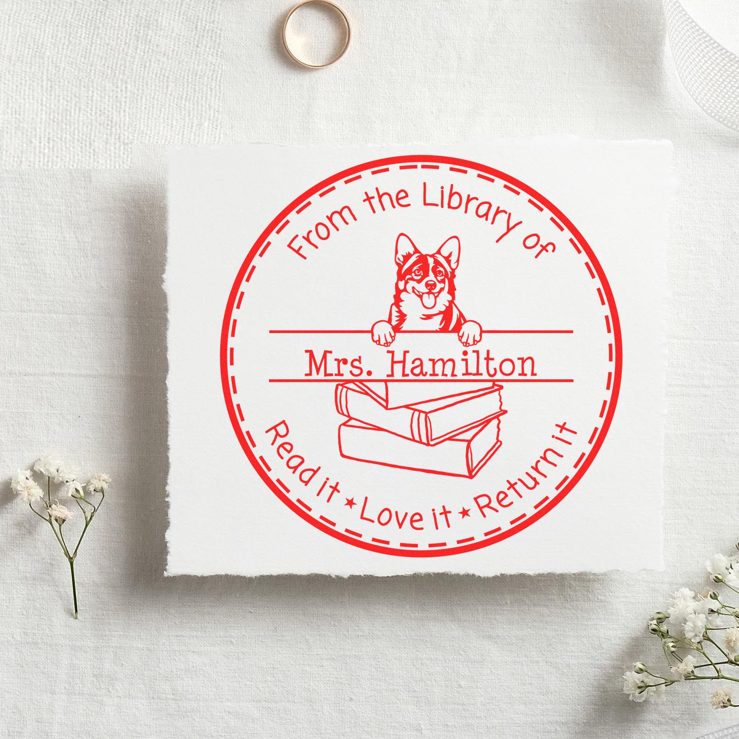 Customized Classroom Book Lending Stamper with Cardigan Welsh Corgis Dog - Engineer Seal Stamps