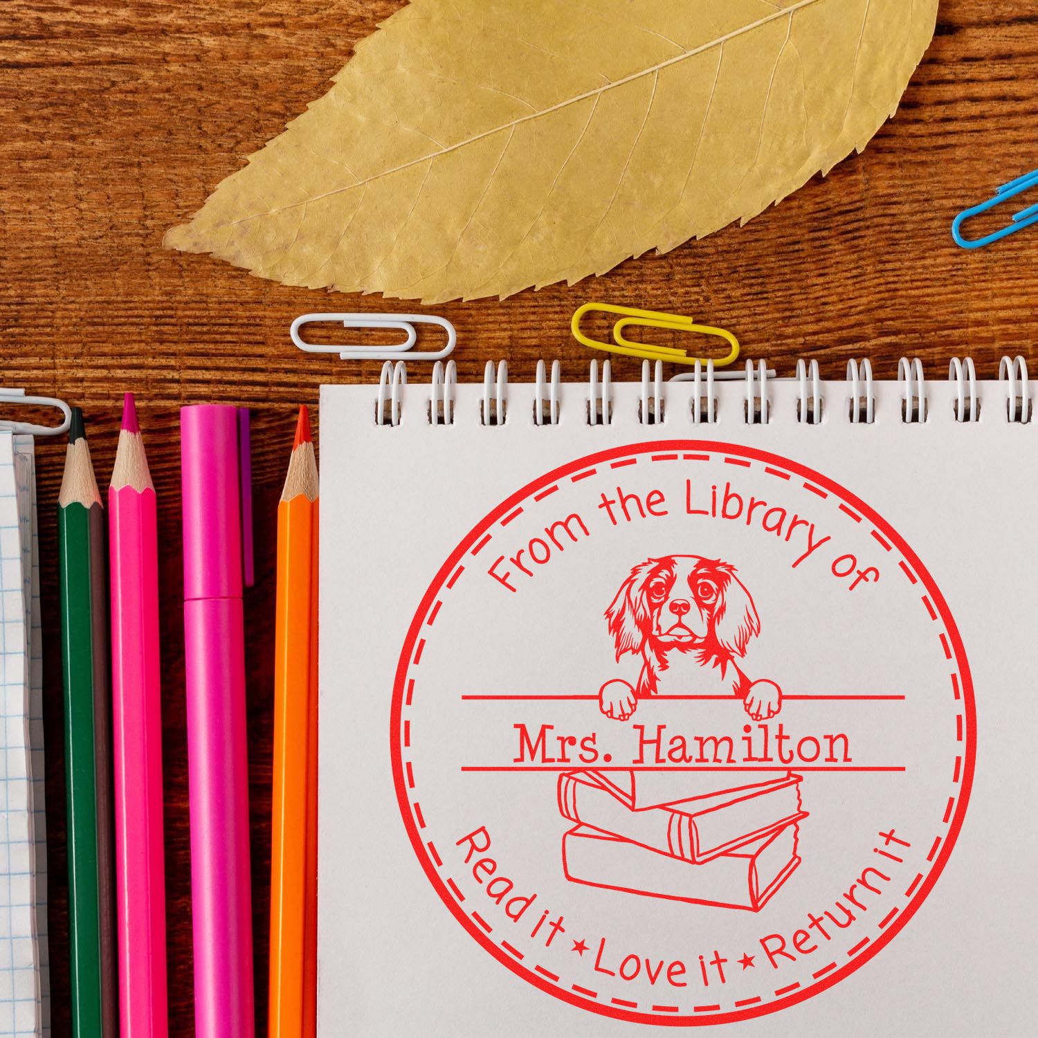 Customized Library Organization Stamp with Cavalier King Charles Spaniel Dog - Engineer Seal Stamps