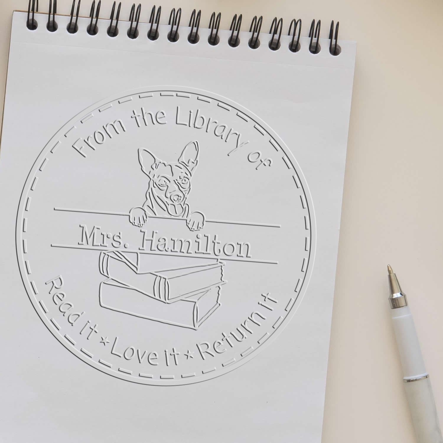 Custom Classroom Library Embossed Stamp with Cihuahua Dog - Engineer Seal Stamps
