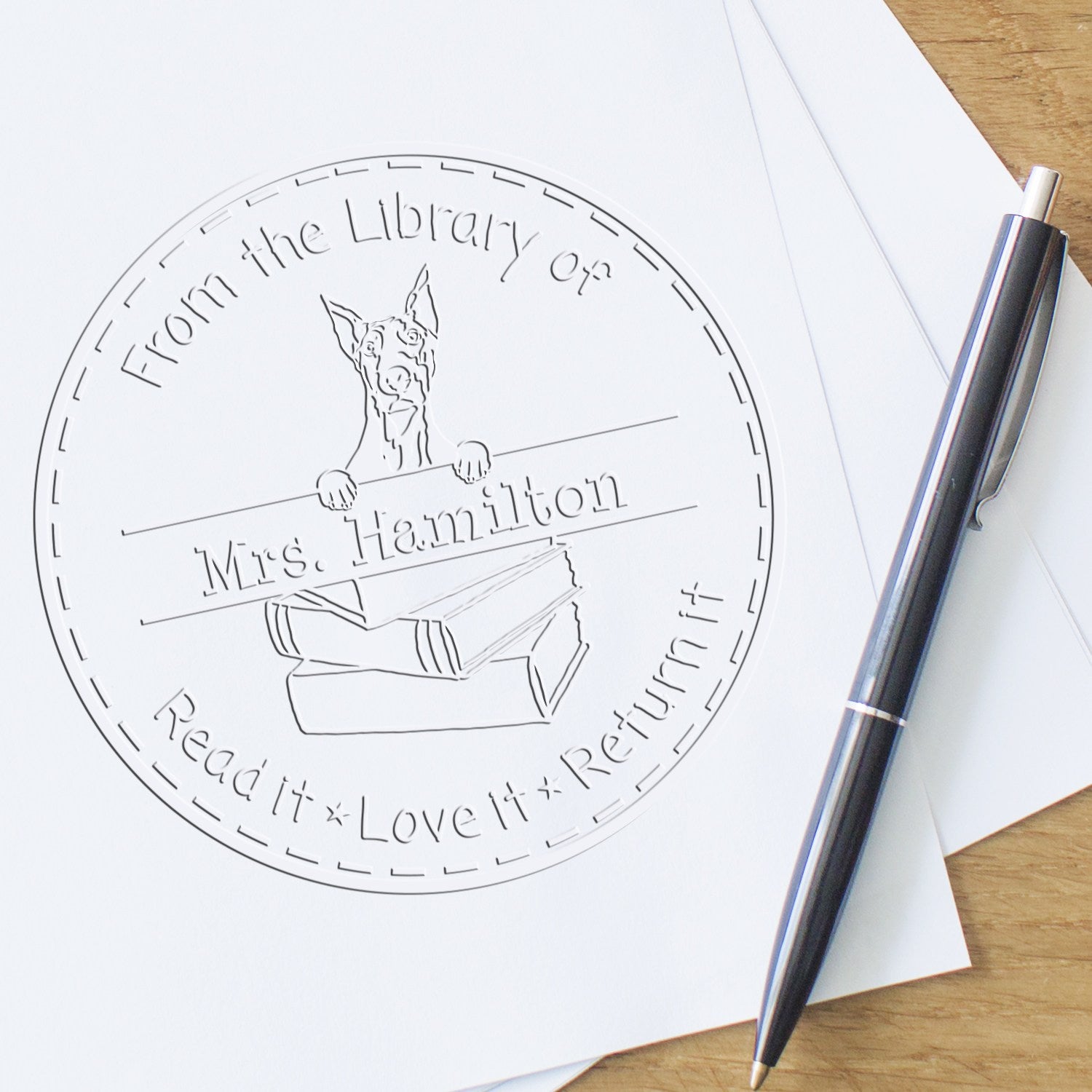 Custom Name For Teacher Embossed Stamp with Doberman Dog - Engineer Seal Stamps