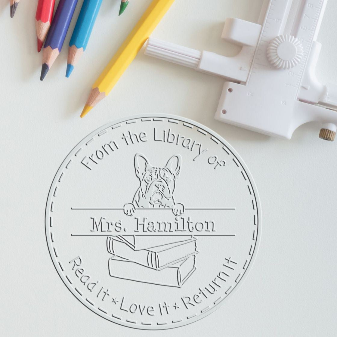 Custom Library Book Seal with French Bulldog Dog - Engineer Seal Stamps