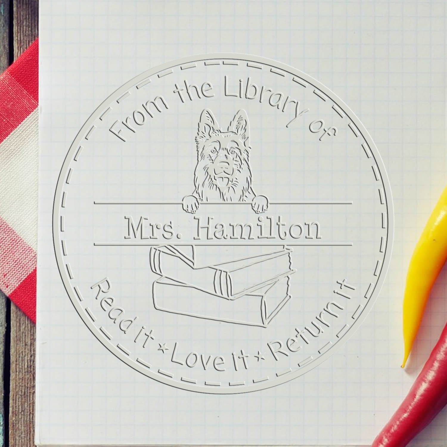 Custom Library Book Seal Embosser with German Shepherd Dog - Engineer Seal Stamps