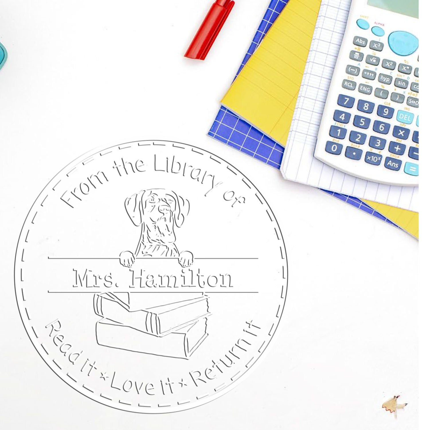 Custom Library Book Embossed Stamp with German Shorthaired Pointer Dog - Engineer Seal Stamps