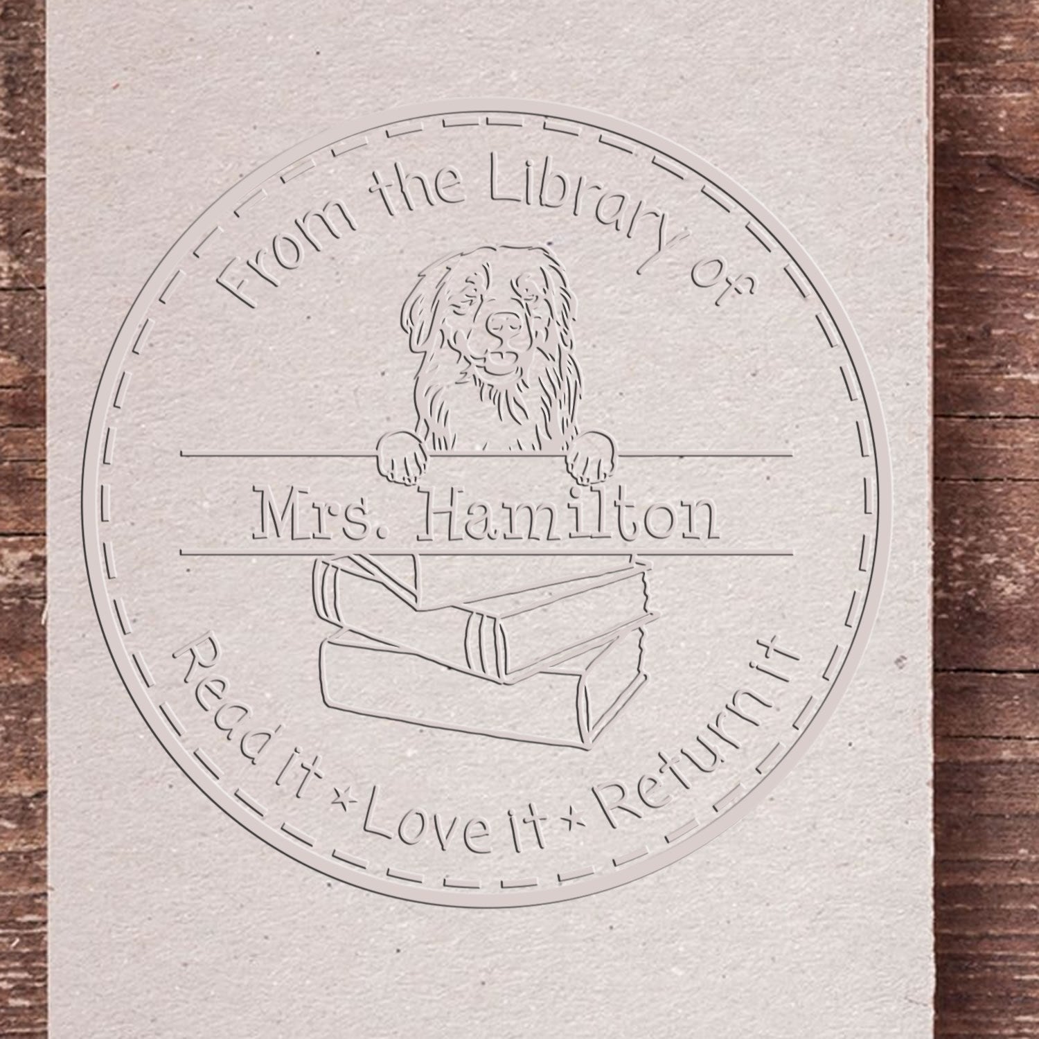 Custom Library Book Embossing Seal with Golden Retriever Dog - Engineer Seal Stamps
