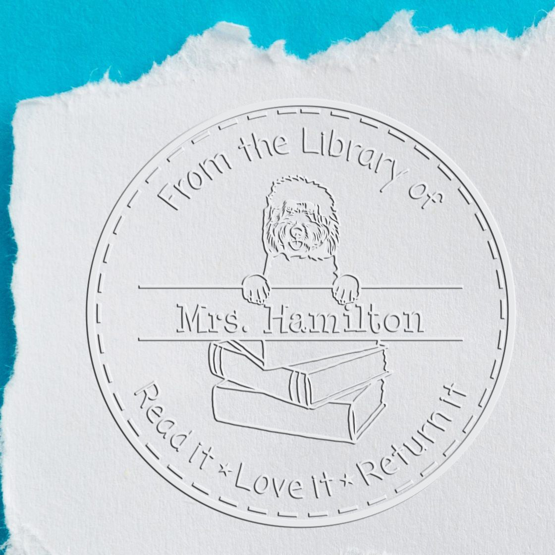 Custom Bookplate Embosser with Goldendoodle Dog - Engineer Seal Stamps