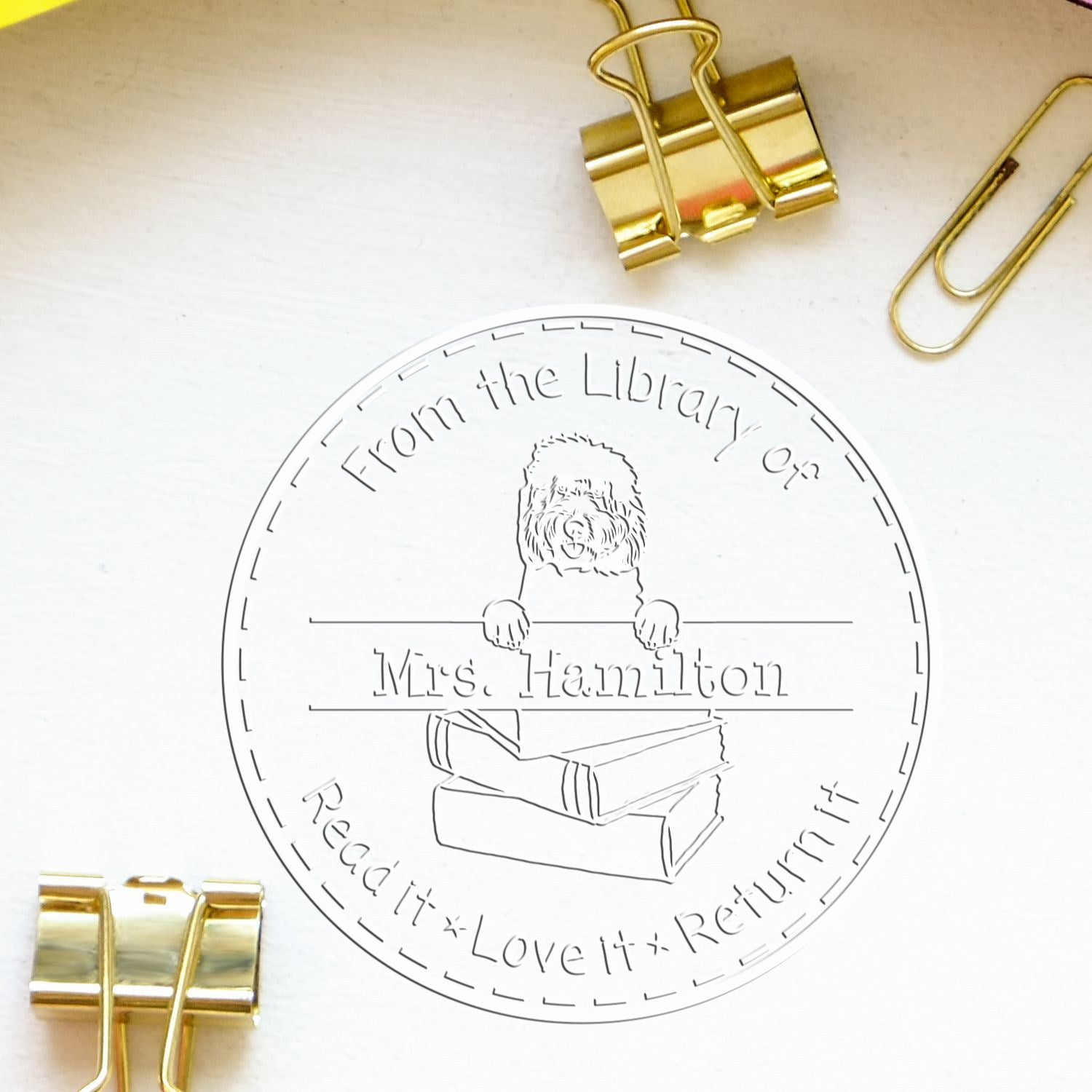 Custom Bookplate Embosser with Goldendoodle Dog - Engineer Seal Stamps