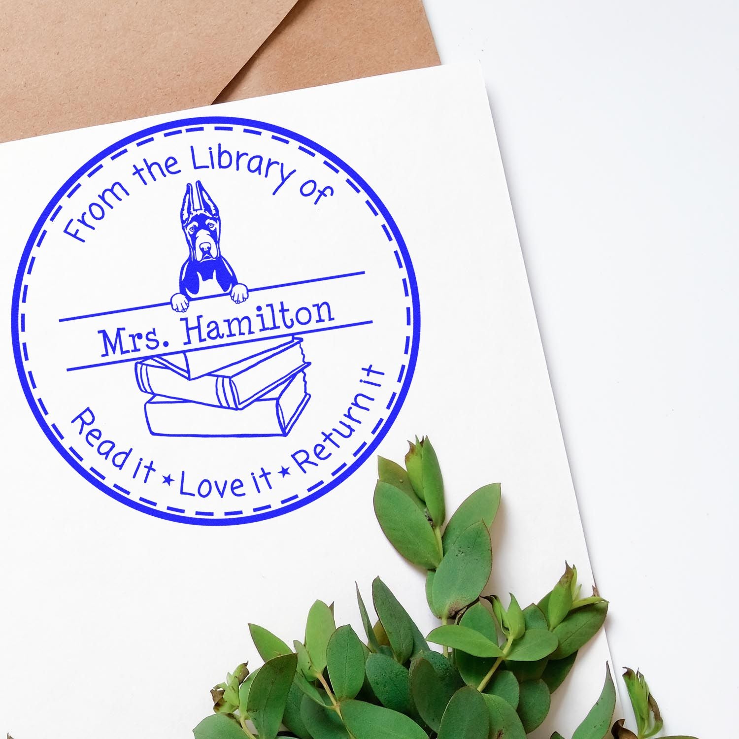 Customized Classroom Reading Tools Stamp with Great Dane Cropped Ears Dog - Engineer Seal Stamps