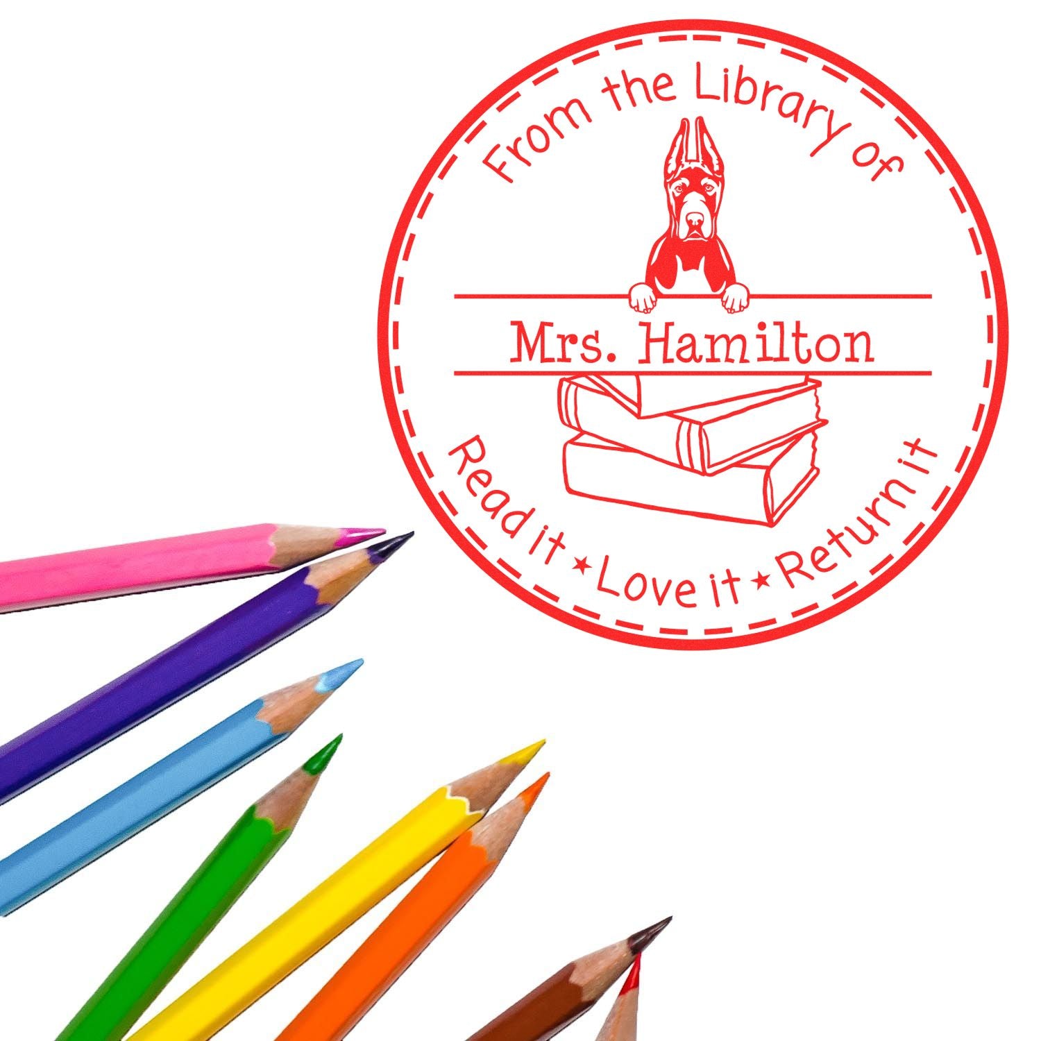 Customized Classroom Reading Tools Stamp with Great Dane Cropped Ears Dog - Engineer Seal Stamps