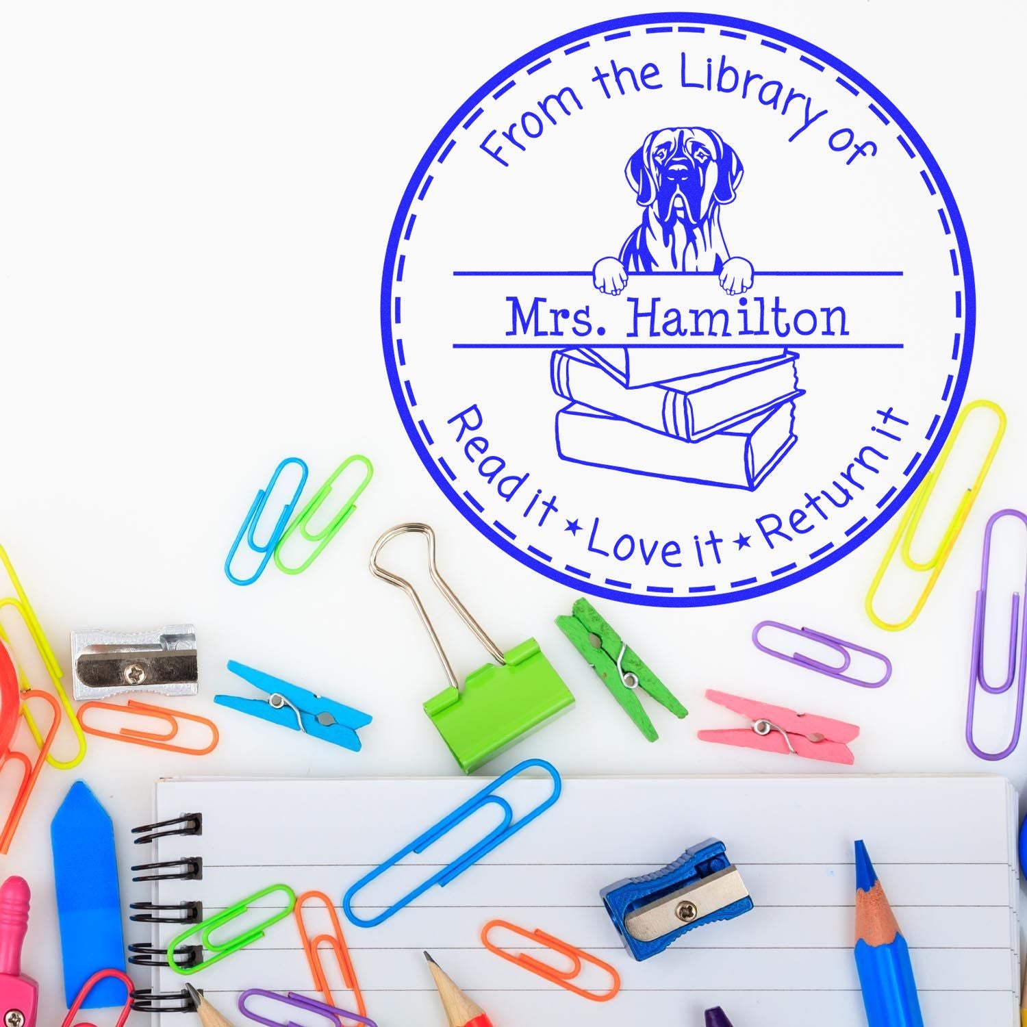 Great Dane Cropped Ears Dog Themed Read It Love It Return It For Teachers Stamper - Engineer Seal Stamps