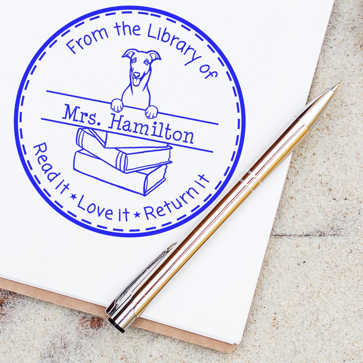 Customized Book Ownership Tool Stamp with Greyhound Dog - Engineer Seal Stamps