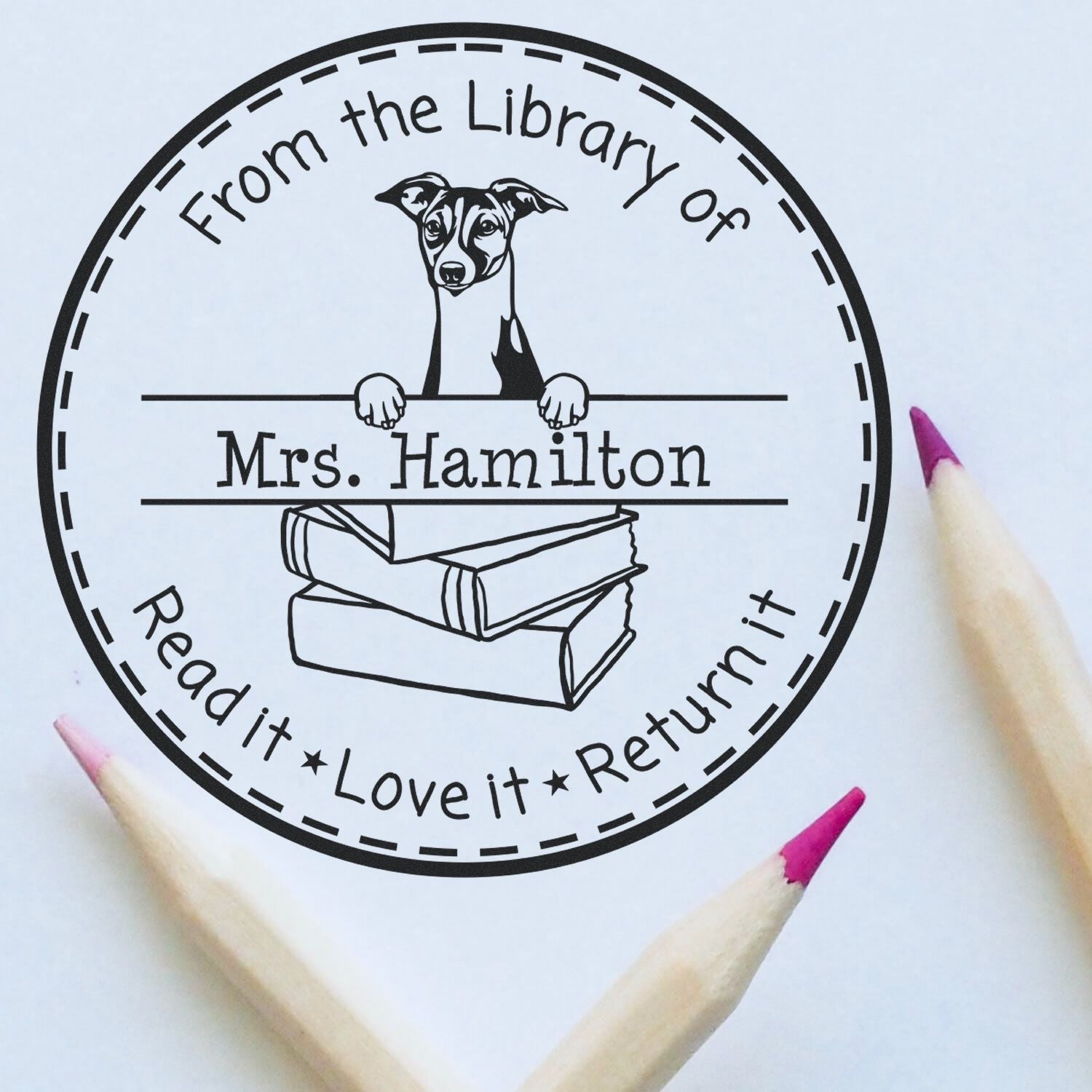 Customized Book Lending Tool Stamp with Italian Greyhound Dog - Engineer Seal Stamps