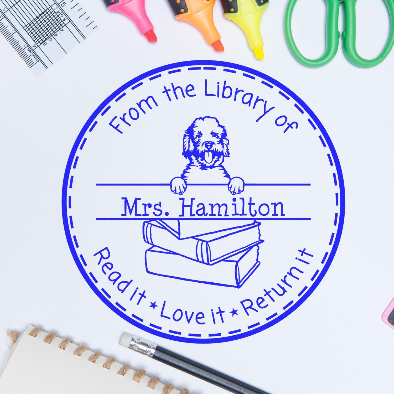 Customized Book Lending Tool Stamper with Labradoodle Dog - Engineer Seal Stamps