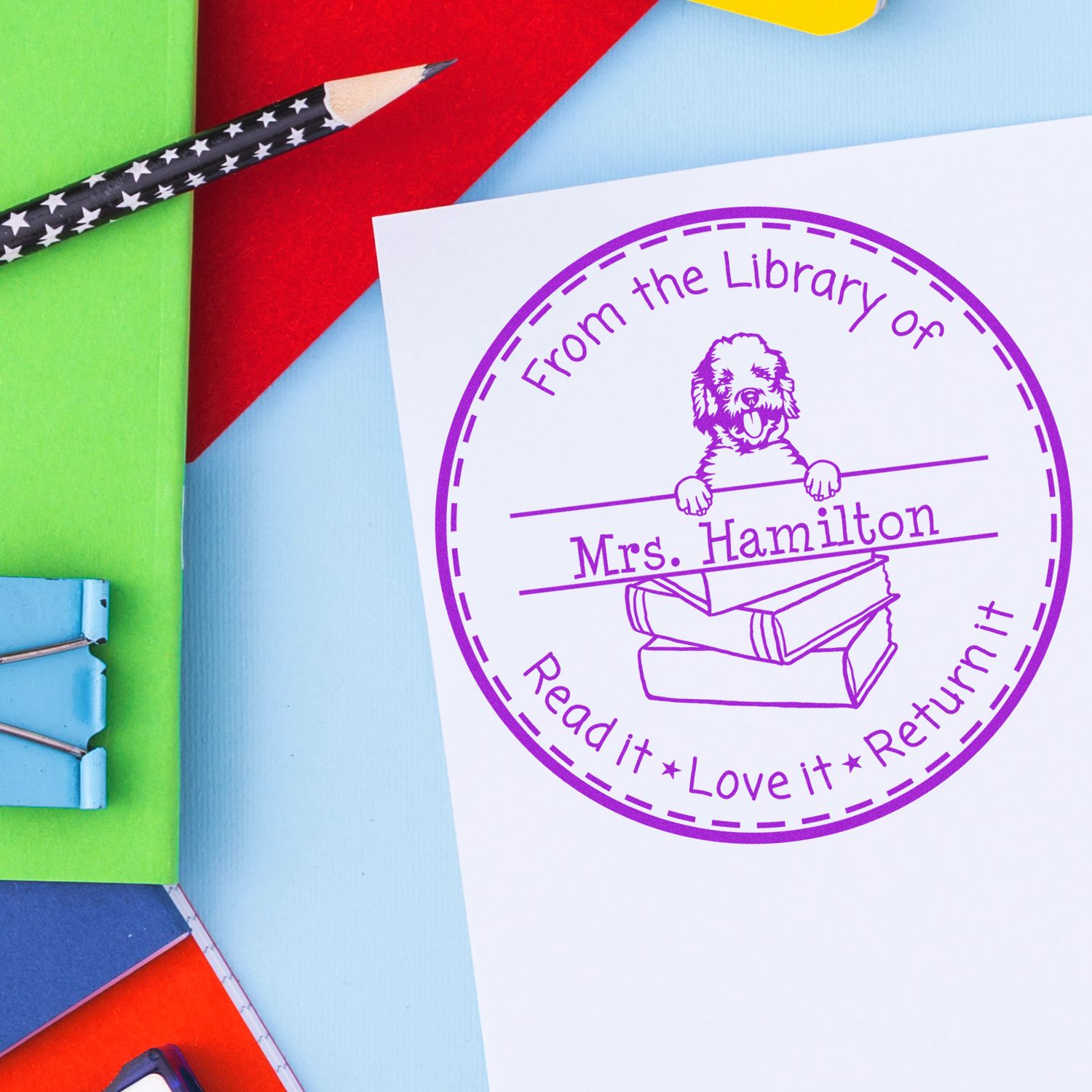 Customized Book Lending Tool Stamper with Labradoodle Dog - Engineer Seal Stamps