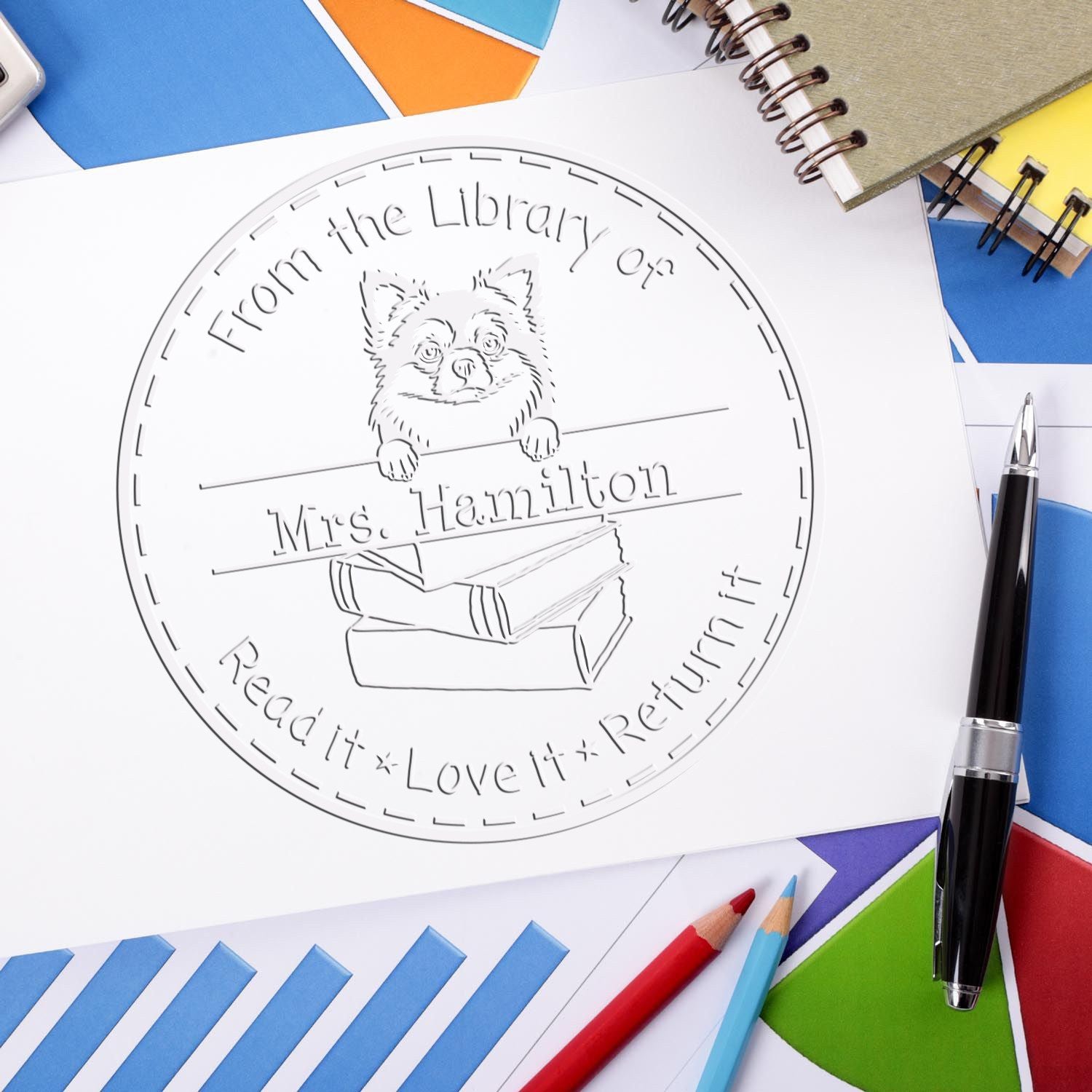 Custom Book Ownership Embossed Stamp with Long Haired Chihuahua Dog - Engineer Seal Stamps