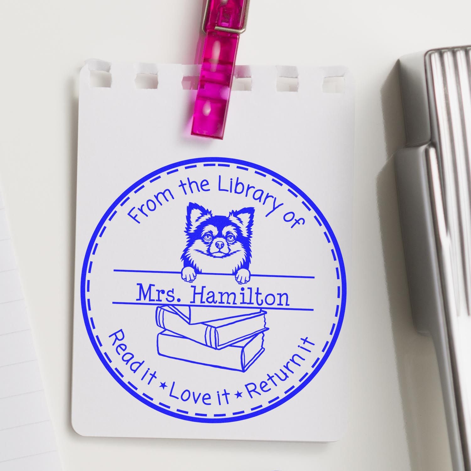 Customized Borrowed Classroom Library Stamper with Long Haired Chihuahua Dog - Engineer Seal Stamps