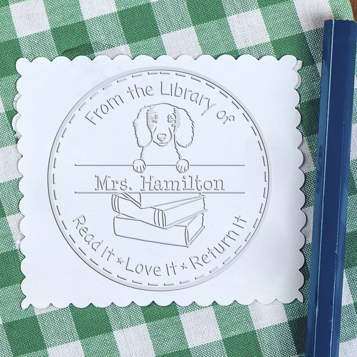 Longhaired Dachshund Dog Custom Classroom Gift Embossed Stamp