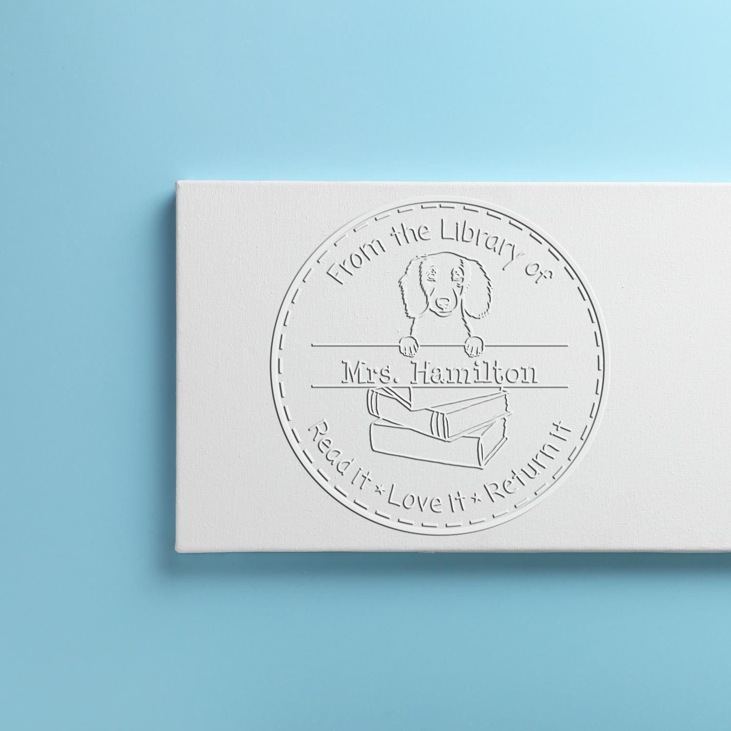 Custom Book Ownership Embossing Seal with Longhaired Dachshund Dog - Engineer Seal Stamps