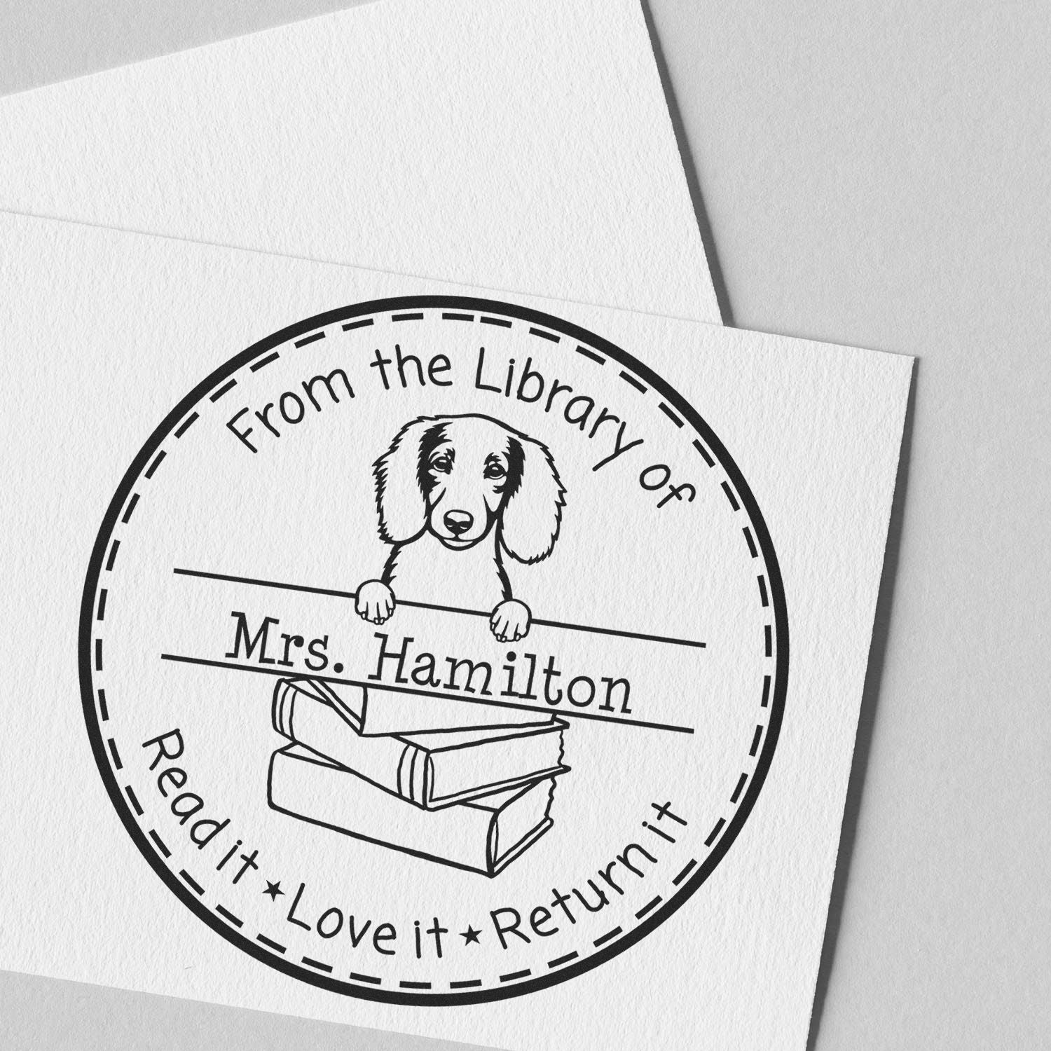 Longhaired Dachshund Dog Themed Read It Love It Return It For Libraries Stamp - Engineer Seal Stamps