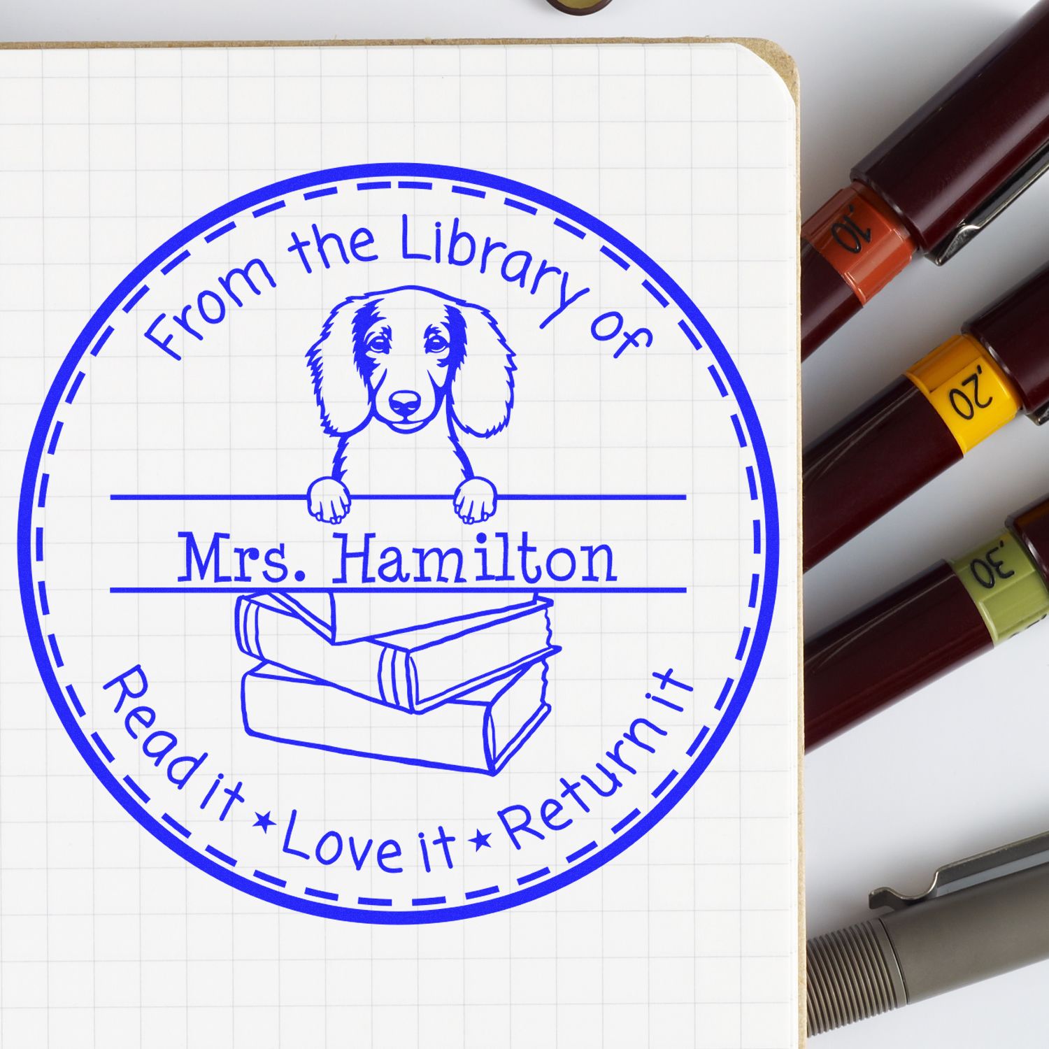 Customized Return Library Book Stamp with Longhaired Dachshund Dog - Engineer Seal Stamps