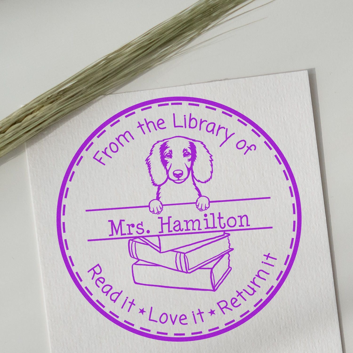 Longhaired Dachshund Dog Customized Book Lending Stamper - Engineer Seal Stamps