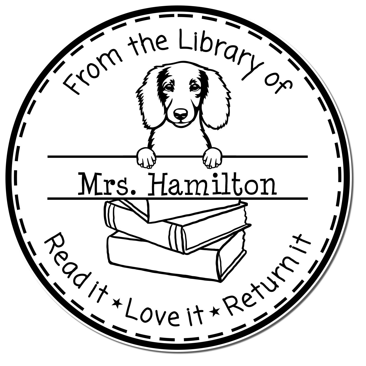 Customized Return Library Book Stamp with Longhaired Dachshund Dog - Engineer Seal Stamps