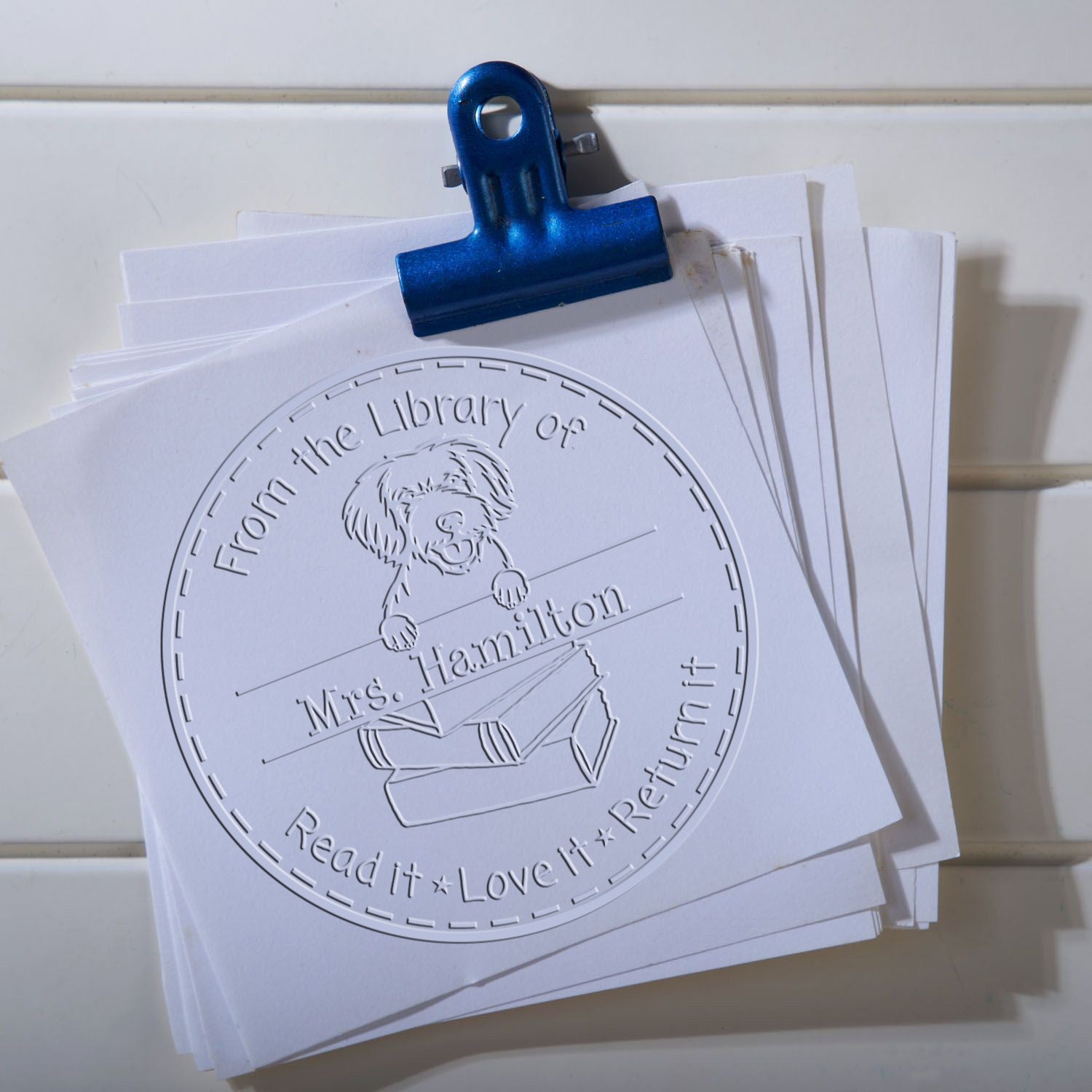 Custom Desk Embossed Stamp with Miniature Golden Doodle Dog - Engineer Seal Stamps