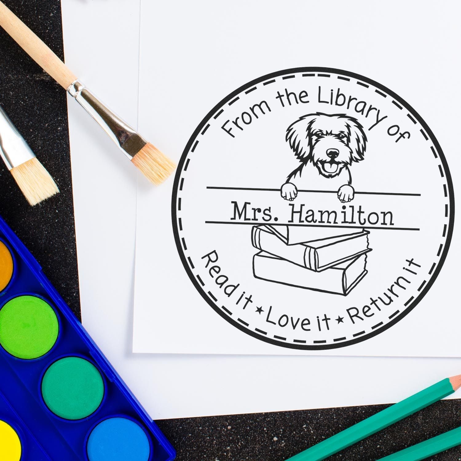 Customized Shared Library Stamp with Miniature Golden Doodle Dog - Engineer Seal Stamps