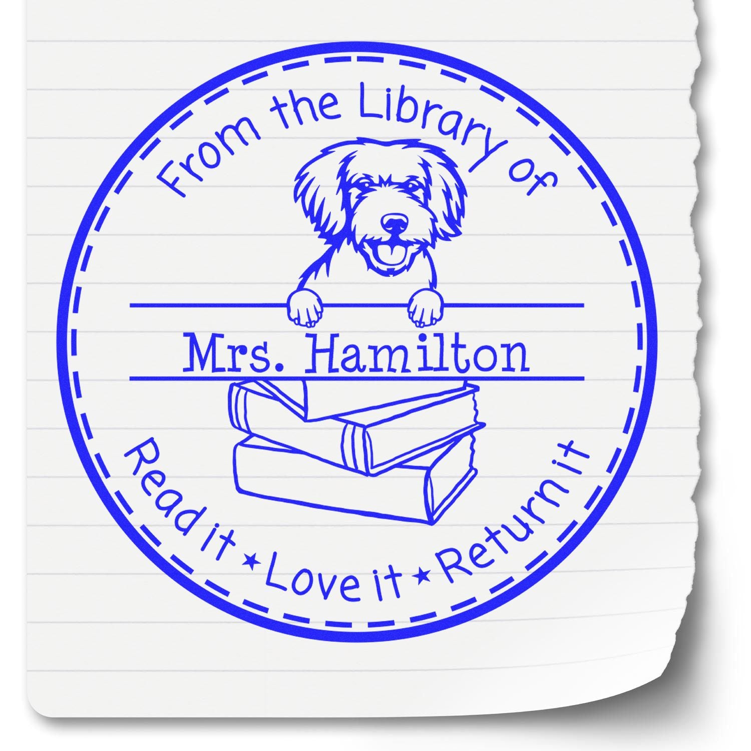 Customized Shared Library Stamp with Miniature Golden Doodle Dog - Engineer Seal Stamps