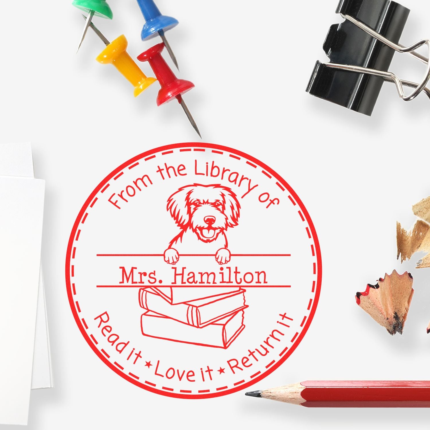 Customized Shared Library Stamp with Miniature Golden Doodle Dog - Engineer Seal Stamps