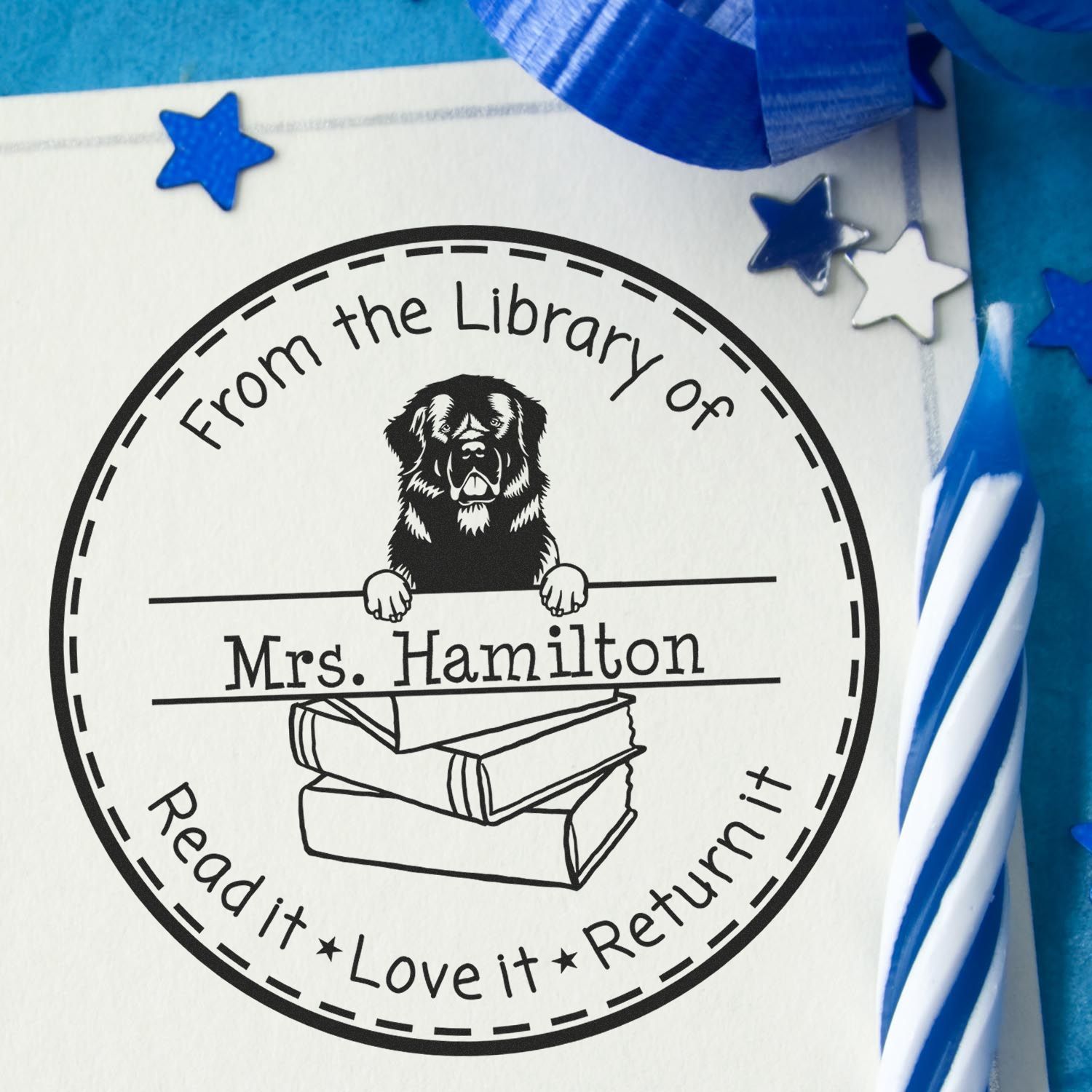 Cute Newfoundland Dog Themed Read It Love It Return It For Books Stamper - Engineer Seal Stamps