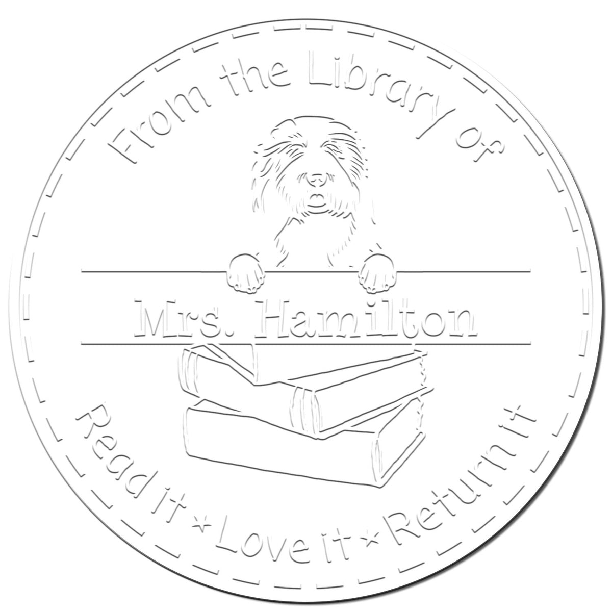 Trodat Old English Sheepdogs dog stamp showing a detailed embossed imprint of the cartoon-style Sheepdogs for educational tools.